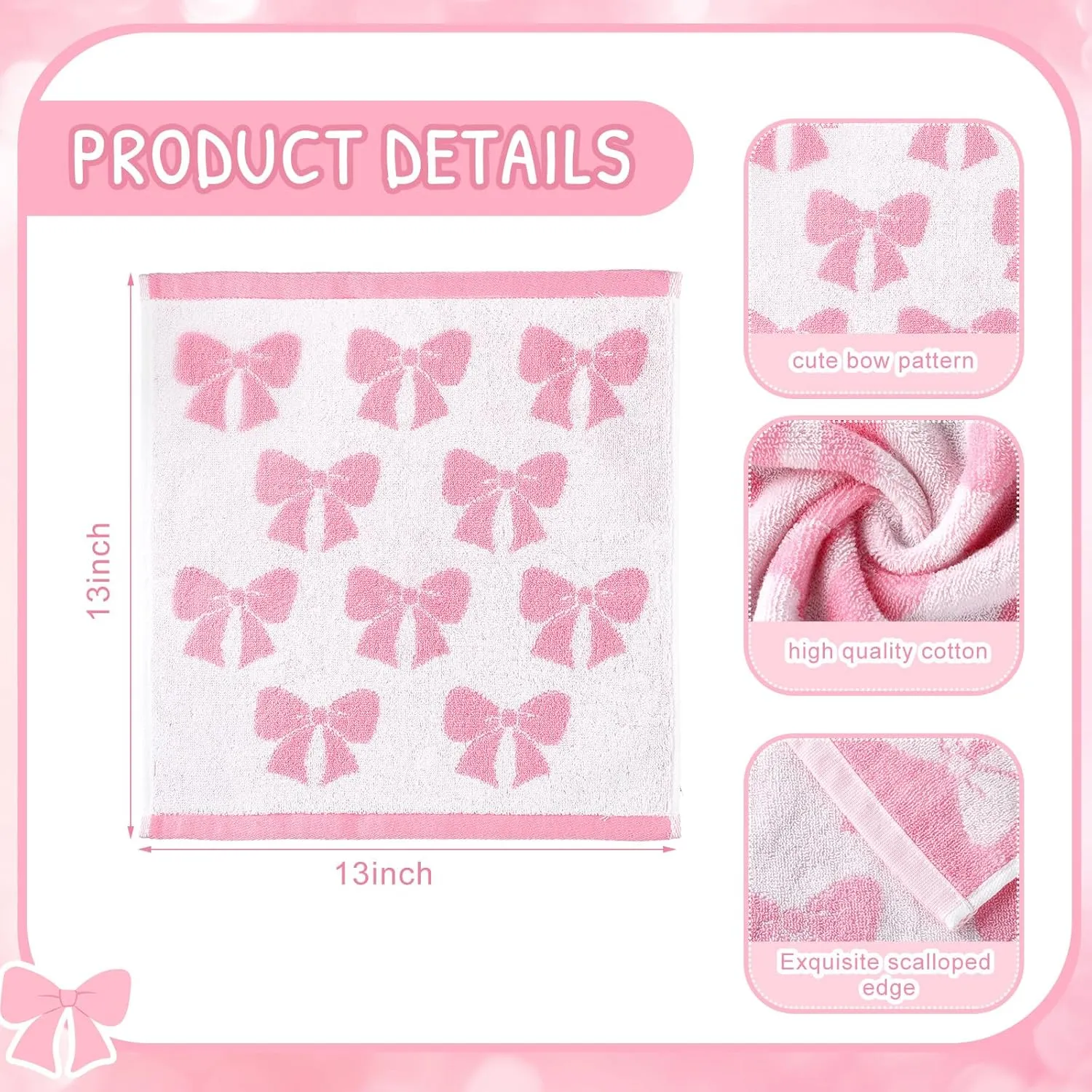 6 Pcs Pink Bow Washcloths 100% Cotton Wash Cloths 13" x 13" Coquette Small Face Towels Absorbent Soft Hand Bath Towels for Bathroom, Spa, Kitchen Drying Cleaning(Cute Style)