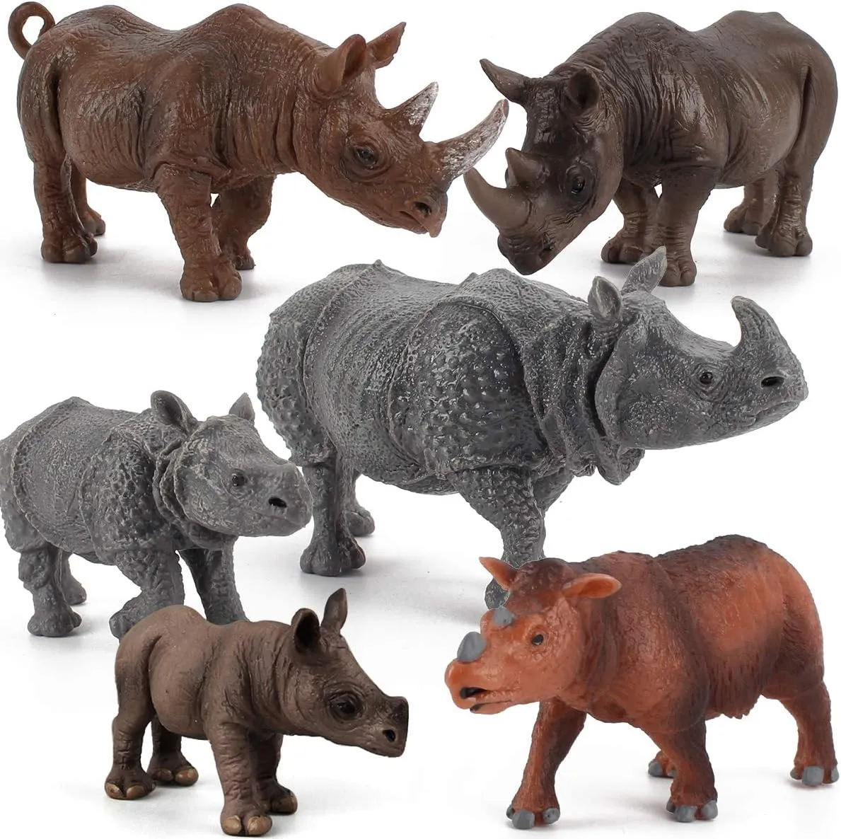 6 PCS Rhinoceros Wild Animal Model Figures Dicerorhinus Sumatrensis Figurines Family Party Favors Supplies Cake Toppers Decoration Set Toys for 5 6 7 8 Years Old Boys Girls Kid Toddlers