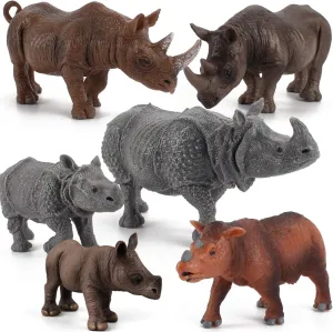 6 PCS Rhinoceros Wild Animal Model Figures Dicerorhinus Sumatrensis Figurines Family Party Favors Supplies Cake Toppers Decoration Set Toys for 5 6 7 8 Years Old Boys Girls Kid Toddlers