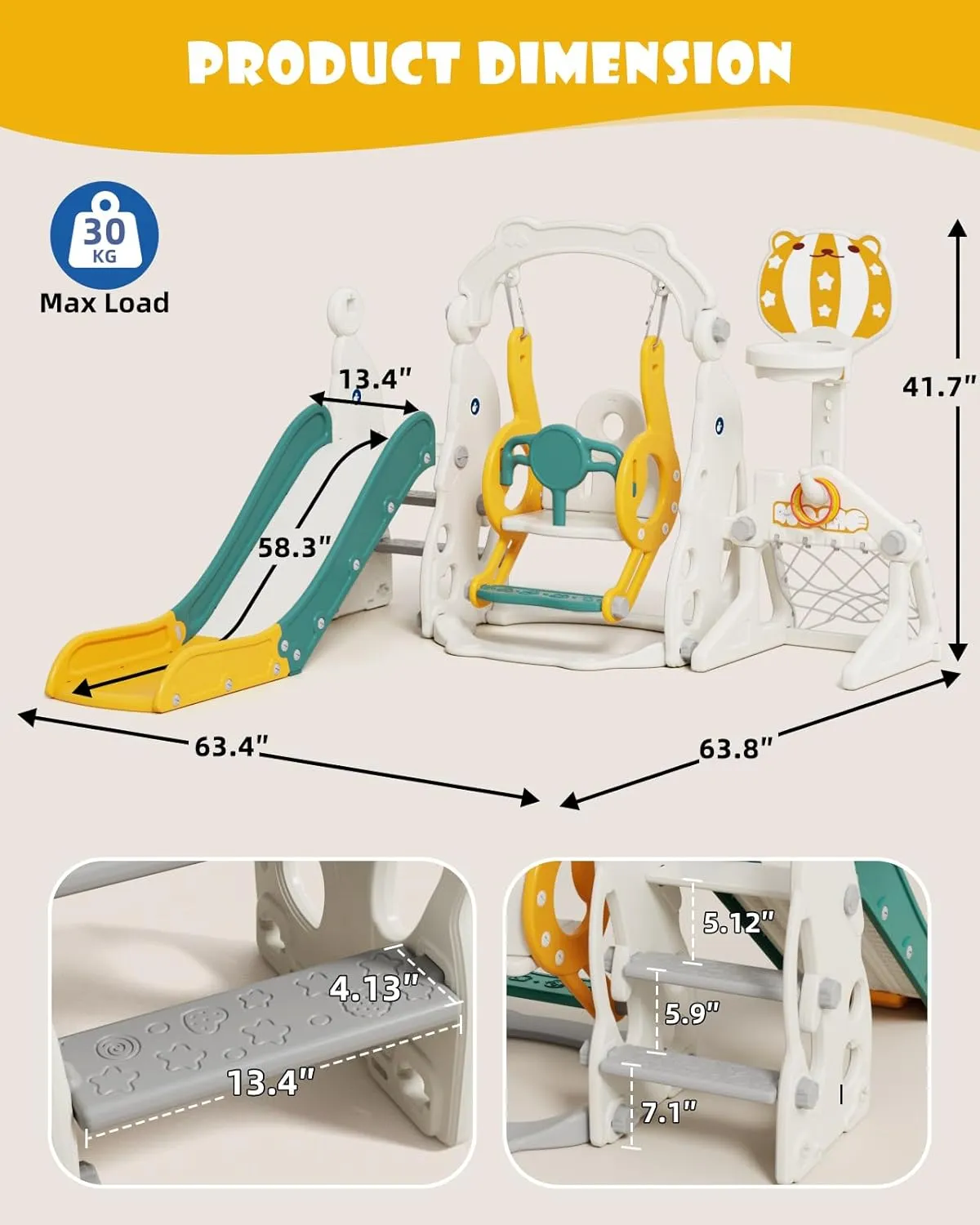 67i Toddler Slide and Swing Set - Outdoor Multi-Activity Playset for Ages 1-3, Safe Slide Design with Adjustable Swings & Basketball Hoop, Space-Saving Indoor Playground (Yellow, with Football)
