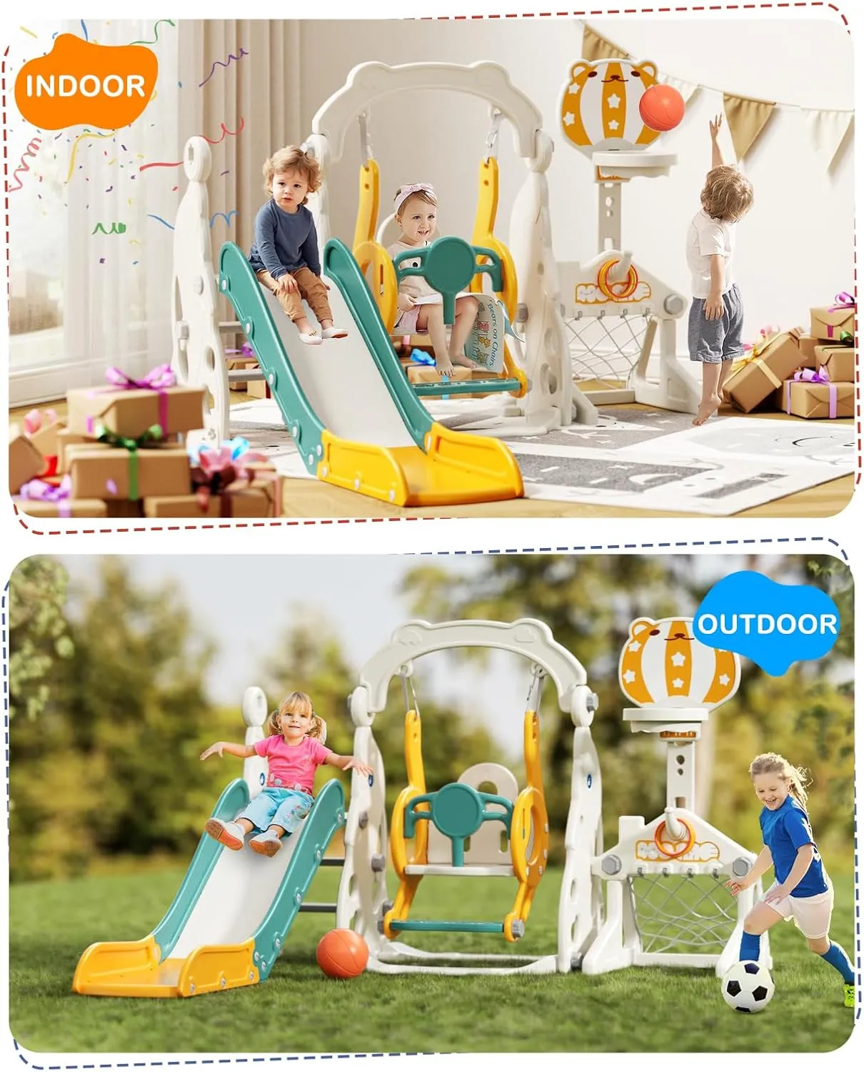 67i Toddler Slide and Swing Set - Outdoor Multi-Activity Playset for Ages 1-3, Safe Slide Design with Adjustable Swings & Basketball Hoop, Space-Saving Indoor Playground (Yellow, with Football)