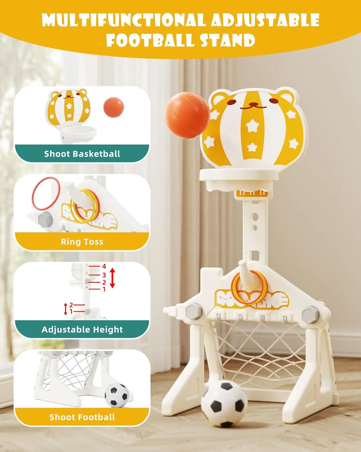 67i Toddler Slide and Swing Set - Outdoor Multi-Activity Playset for Ages 1-3, Safe Slide Design with Adjustable Swings & Basketball Hoop, Space-Saving Indoor Playground (Yellow, with Football)