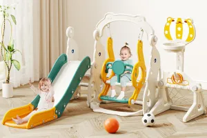 67i Toddler Slide and Swing Set - Outdoor Multi-Activity Playset for Ages 1-3, Safe Slide Design with Adjustable Swings & Basketball Hoop, Space-Saving Indoor Playground (Yellow, with Football)
