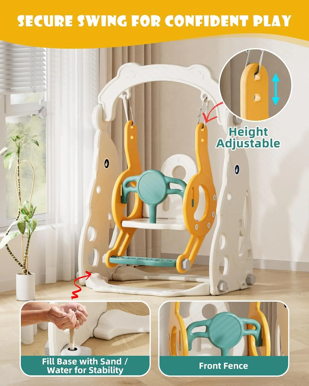 67i Toddler Slide and Swing Set - Outdoor Multi-Activity Playset for Ages 1-3, Safe Slide Design with Adjustable Swings & Basketball Hoop, Space-Saving Indoor Playground (Yellow, with Football)