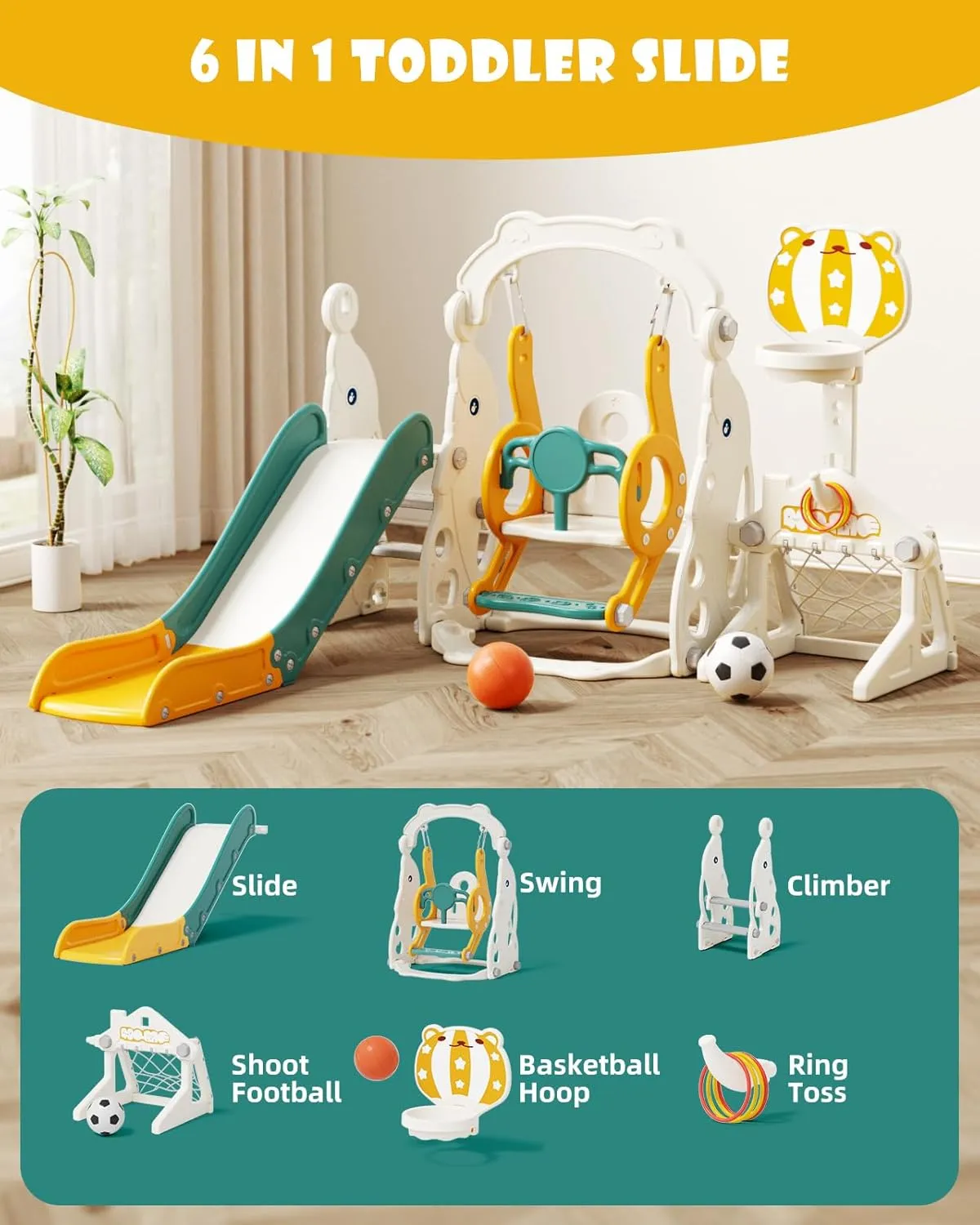 67i Toddler Slide and Swing Set - Outdoor Multi-Activity Playset for Ages 1-3, Safe Slide Design with Adjustable Swings & Basketball Hoop, Space-Saving Indoor Playground (Yellow, with Football)