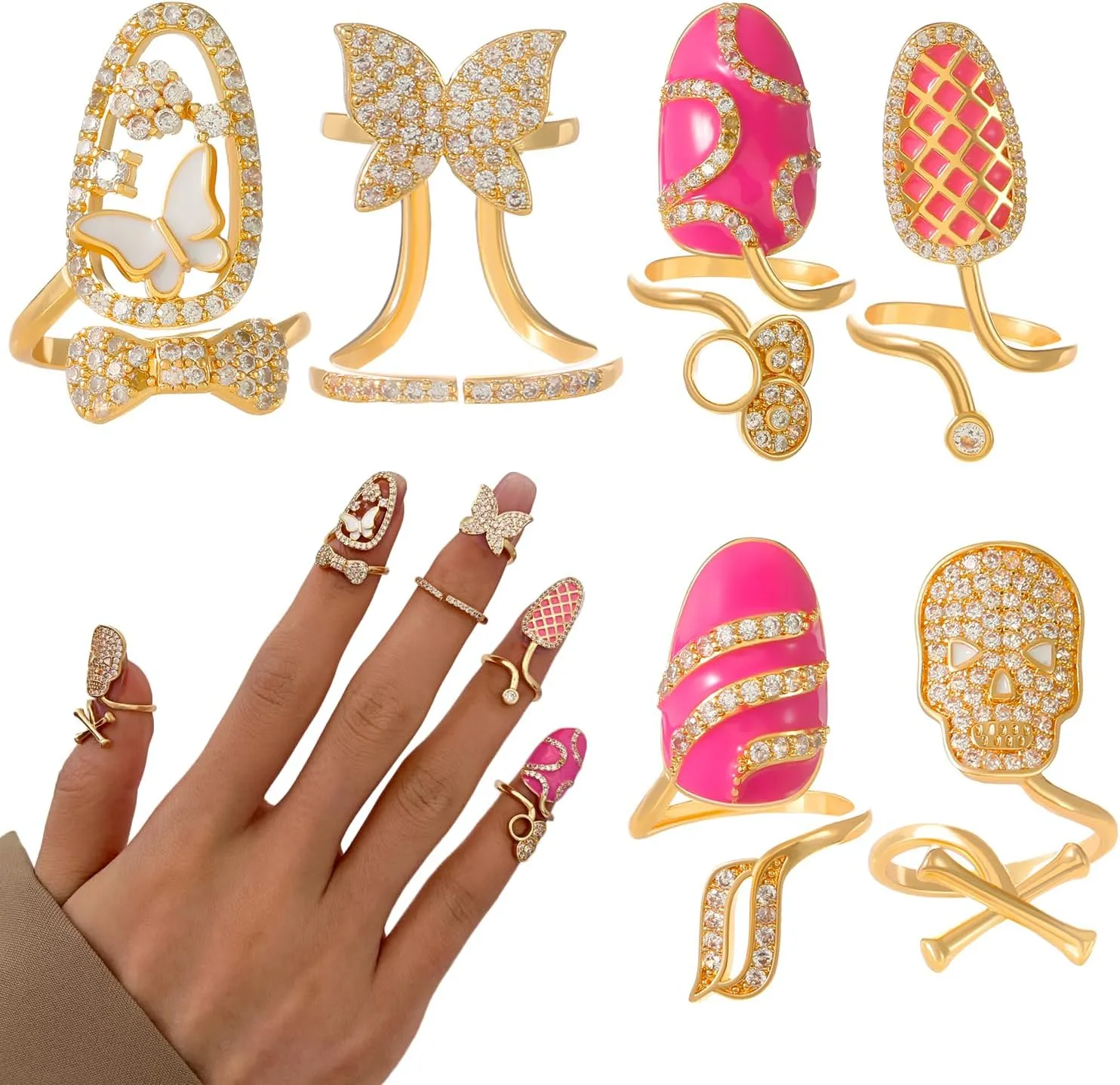 6Pcs Exquisite Trendy Fingertip Ring Shiny Rhinestone Decor Ring Metal Finger Nail Rings Delicate, Adjustable Nail Art Jewelry for Women