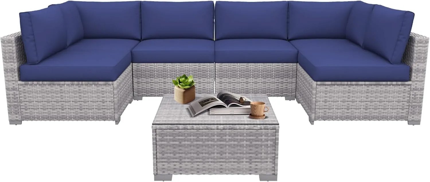 7 Piece Outdoor Patio Furniture Set, Outdoor Sectional Furniture, Rattan Chairs Glass Table Wicker Conversation Seating Sectional Sofa with Cushions (B-Grey White-Dark Blue, B-Straight Back)