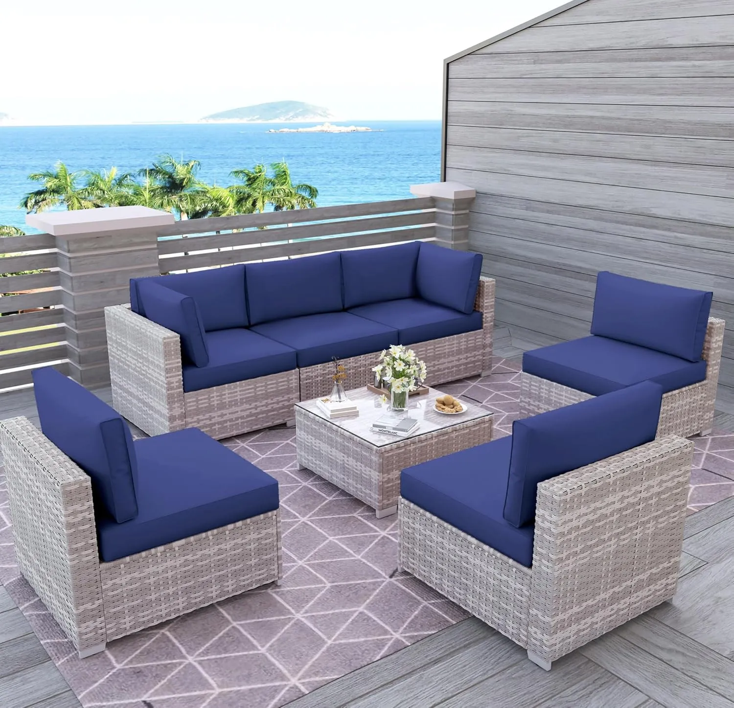 7 Piece Outdoor Patio Furniture Set, Outdoor Sectional Furniture, Rattan Chairs Glass Table Wicker Conversation Seating Sectional Sofa with Cushions (B-Grey White-Dark Blue, B-Straight Back)