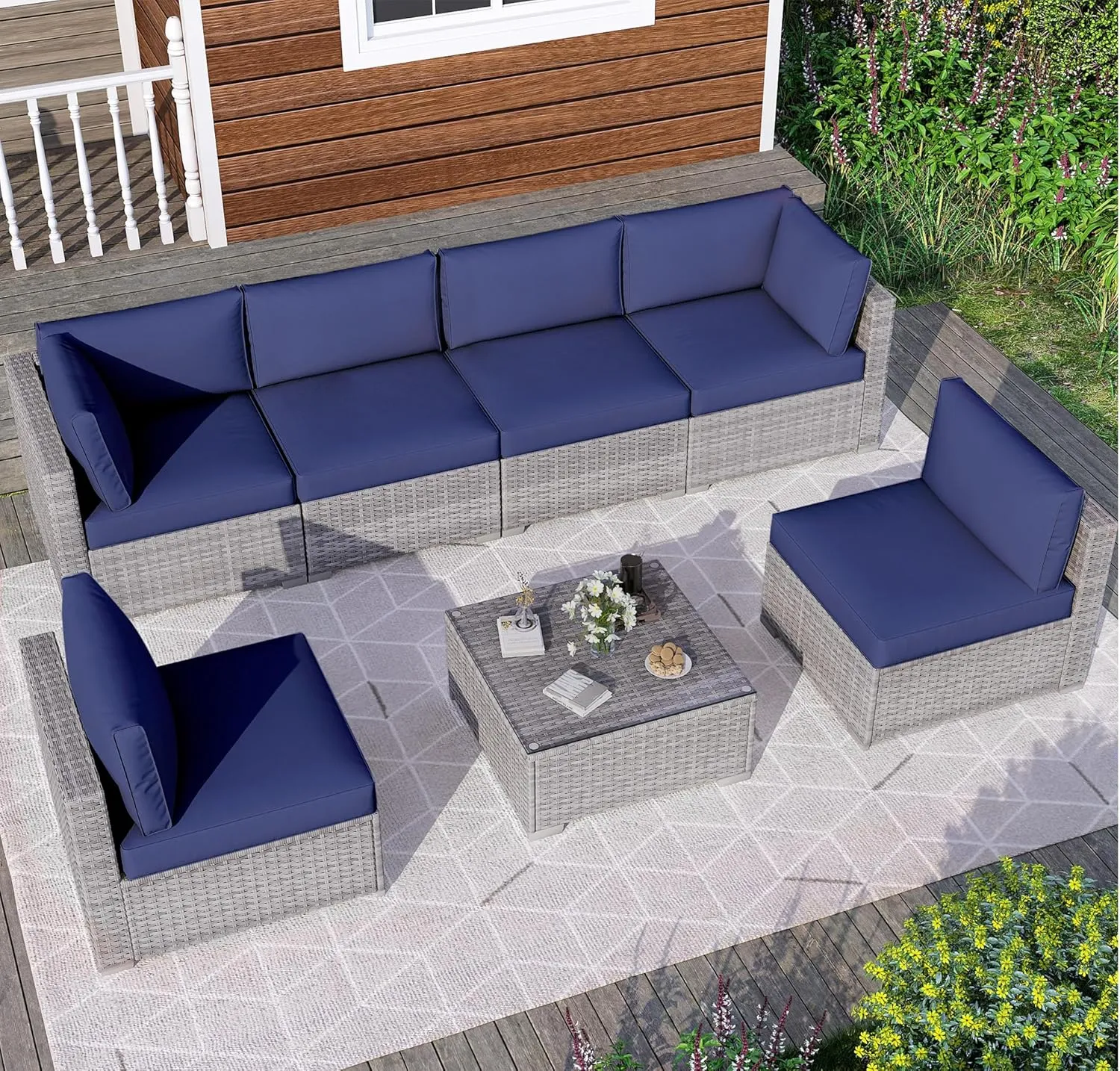 7 Piece Outdoor Patio Furniture Set, Outdoor Sectional Furniture, Rattan Chairs Glass Table Wicker Conversation Seating Sectional Sofa with Cushions (B-Grey White-Dark Blue, B-Straight Back)