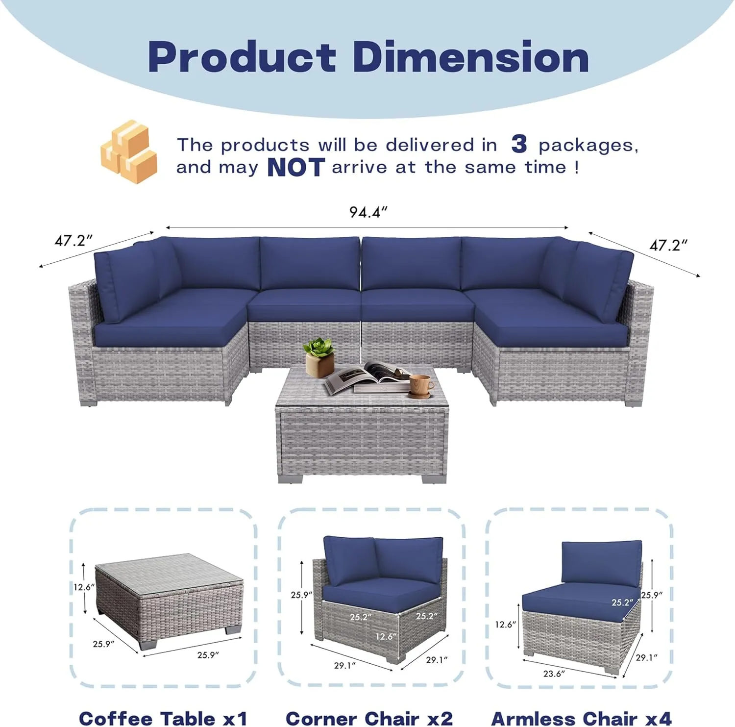 7 Piece Outdoor Patio Furniture Set, Outdoor Sectional Furniture, Rattan Chairs Glass Table Wicker Conversation Seating Sectional Sofa with Cushions (B-Grey White-Dark Blue, B-Straight Back)