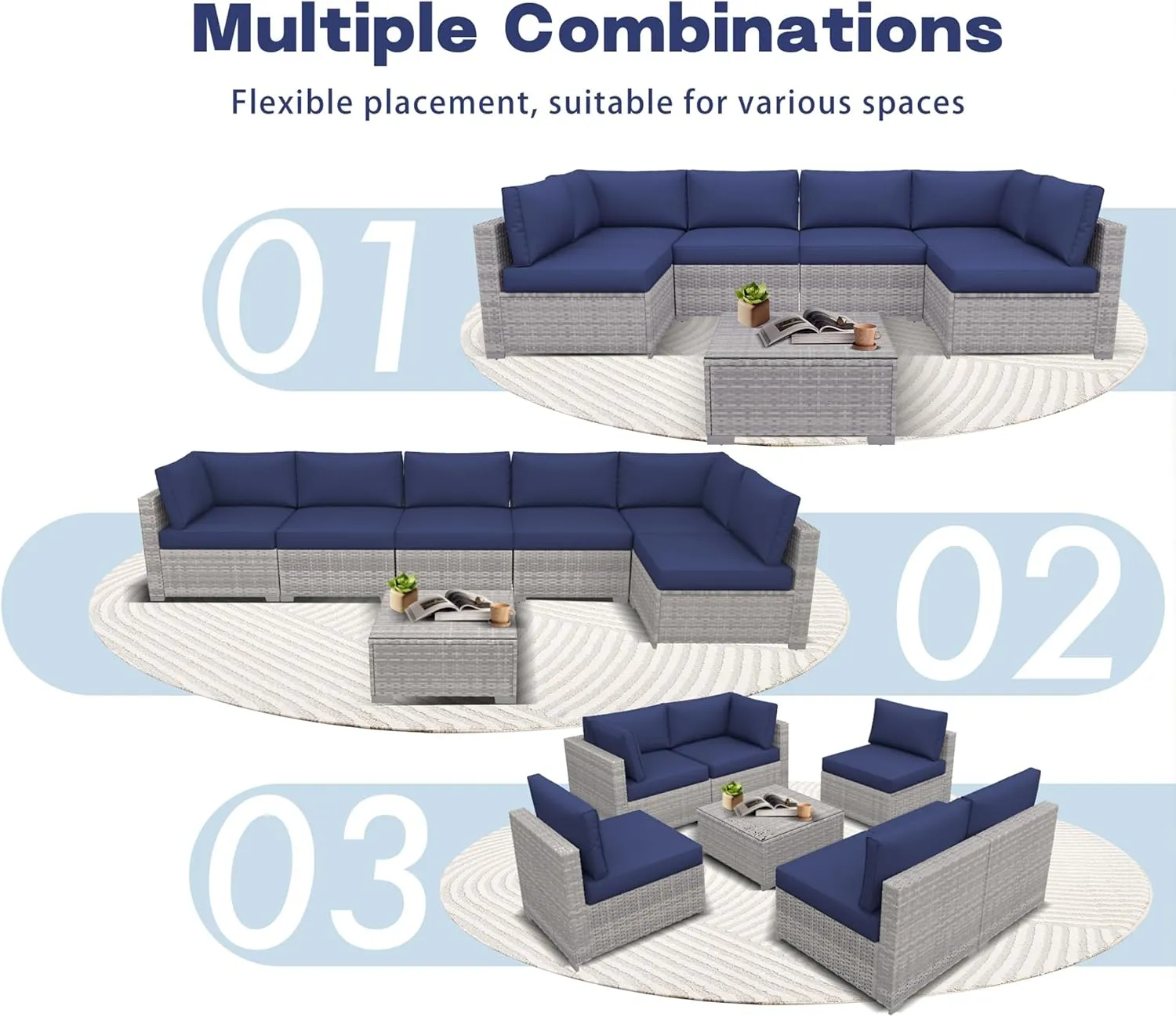 7 Piece Outdoor Patio Furniture Set, Outdoor Sectional Furniture, Rattan Chairs Glass Table Wicker Conversation Seating Sectional Sofa with Cushions (B-Grey White-Dark Blue, B-Straight Back)