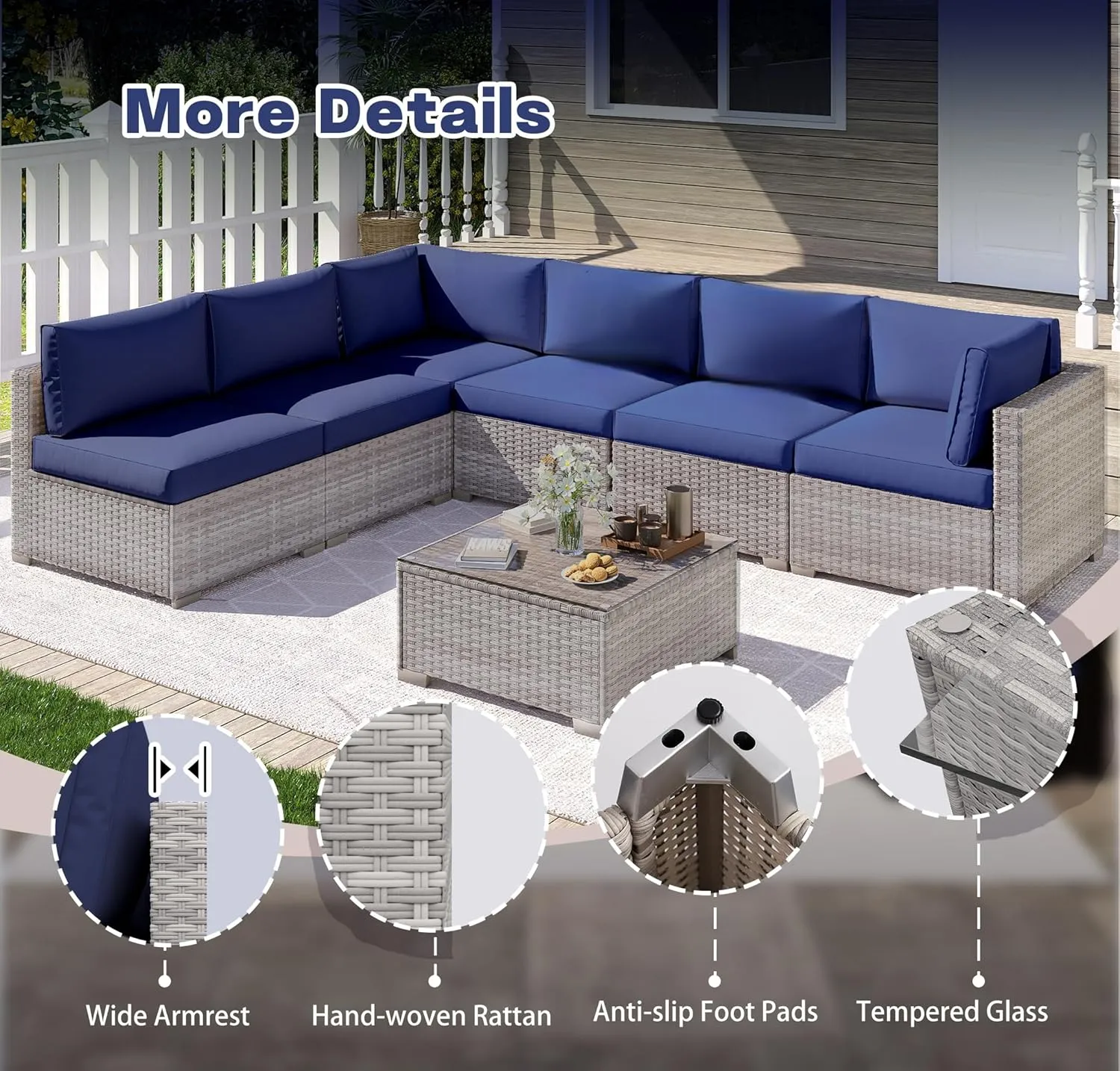 7 Piece Outdoor Patio Furniture Set, Outdoor Sectional Furniture, Rattan Chairs Glass Table Wicker Conversation Seating Sectional Sofa with Cushions (B-Grey White-Dark Blue, B-Straight Back)