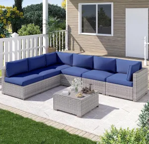 7 Piece Outdoor Patio Furniture Set, Outdoor Sectional Furniture, Rattan Chairs Glass Table Wicker Conversation Seating Sectional Sofa with Cushions (B-Grey White-Dark Blue, B-Straight Back)