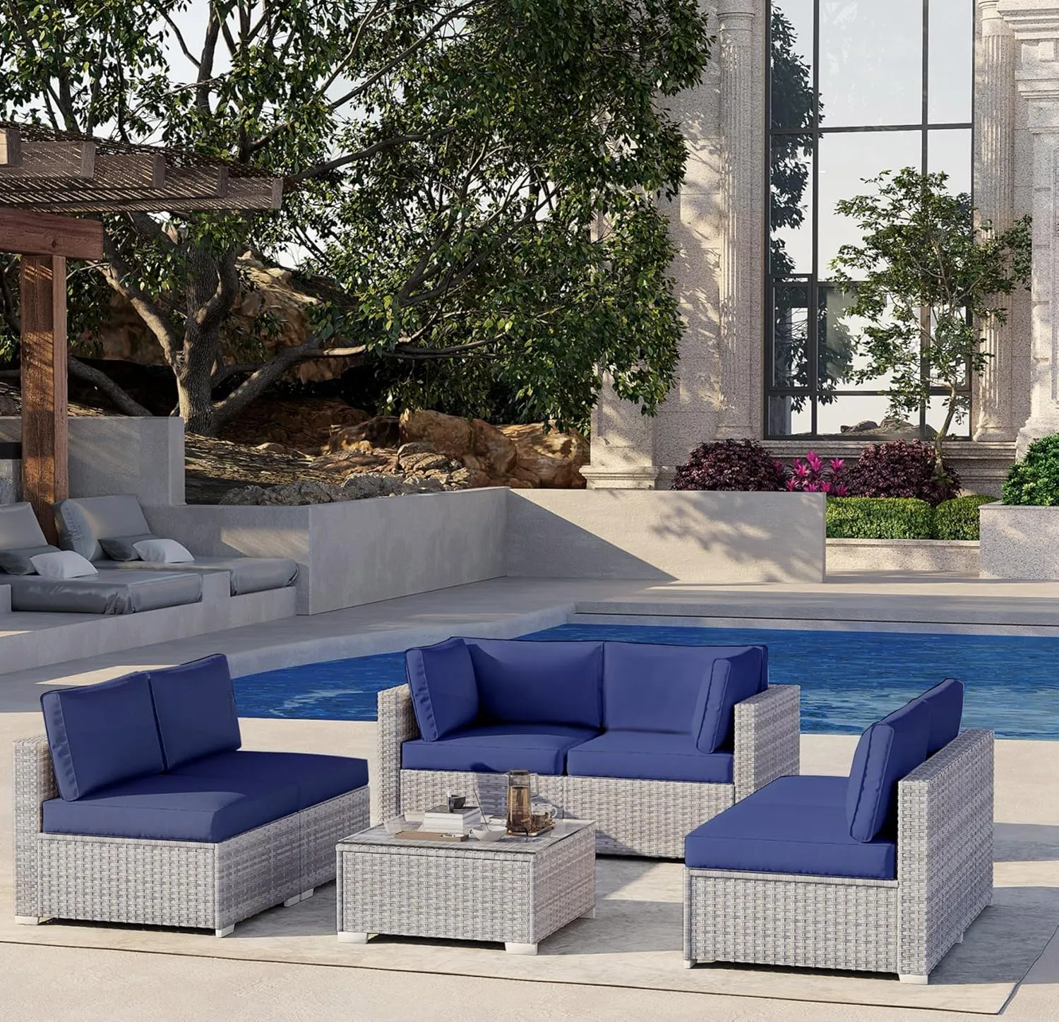 7 Piece Outdoor Patio Furniture Set, Outdoor Sectional Furniture, Rattan Chairs Glass Table Wicker Conversation Seating Sectional Sofa with Cushions (B-Grey White-Dark Blue, B-Straight Back)