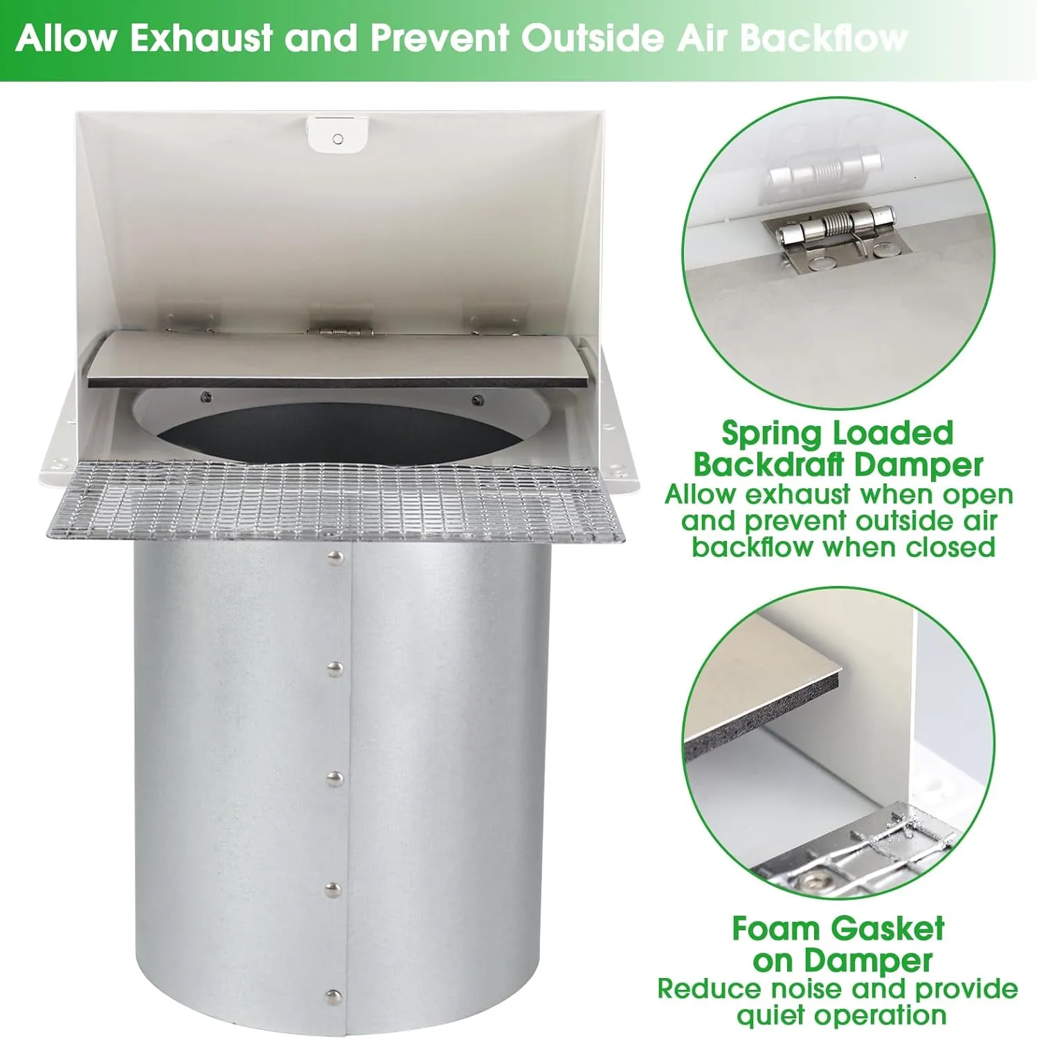 8 Inch Hooded Wall Vent with Screen and Damper,Outdoor Wall Exhaust Vent Cover Cap for Kitchen Range Hood Dryer Duct Ventilation &Exterior Air Exhaust Applications,Galvanized Steel,White