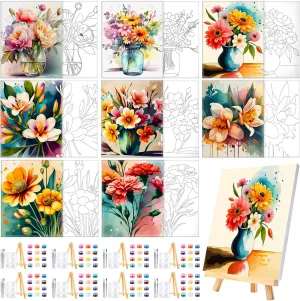 8 Sets Pre Printed Canvas for Painting Kits 8" x 10" Paint and Sip Party Sets Coloring Painting Panels Pre Sketched Canvas Boards with Paints and Brushes for Adult (Flower)