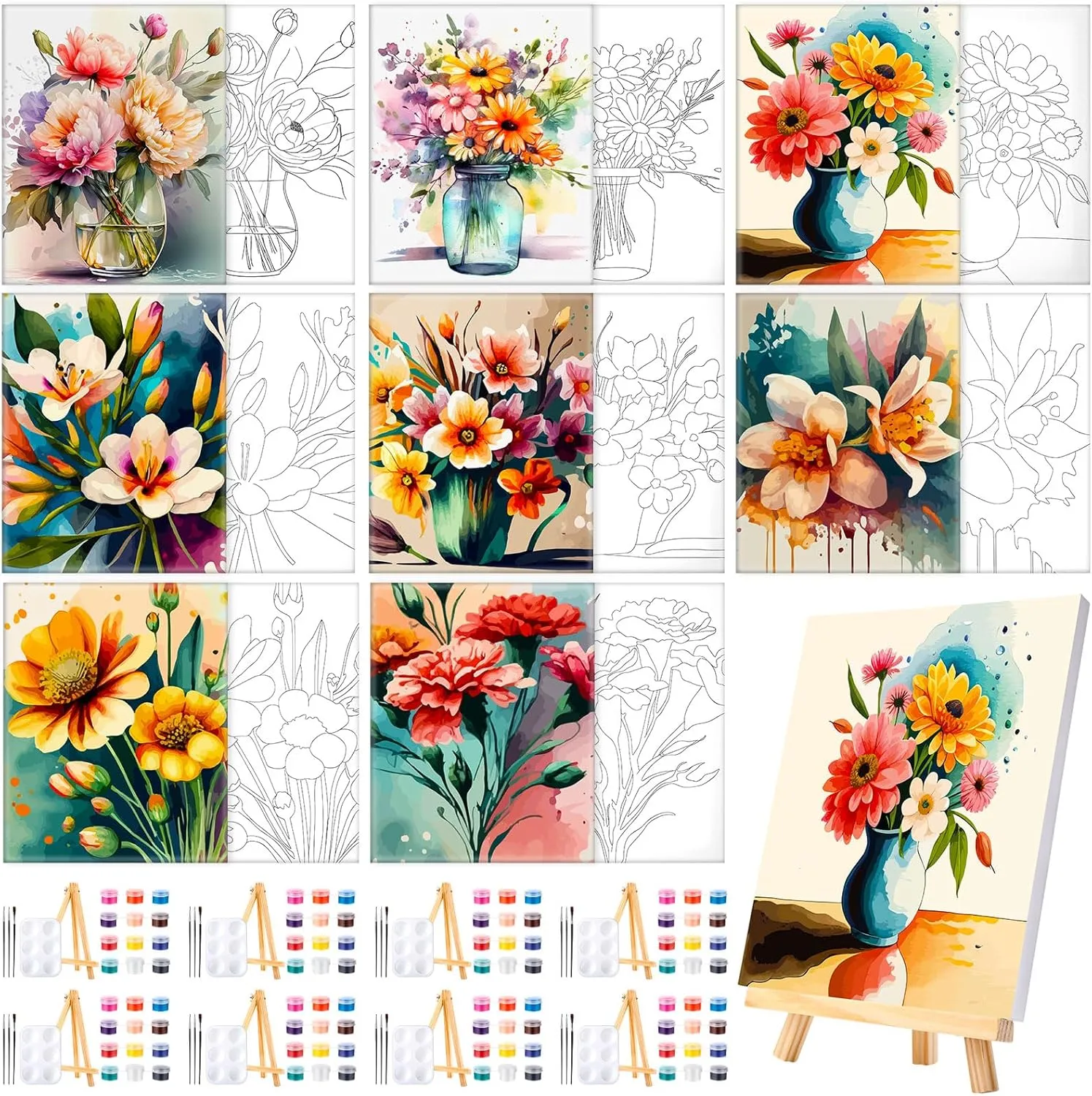 8 Sets Pre Printed Canvas for Painting Kits 8" x 10" Paint and Sip Party Sets Coloring Painting Panels Pre Sketched Canvas Boards with Paints and Brushes for Adult (Flower)