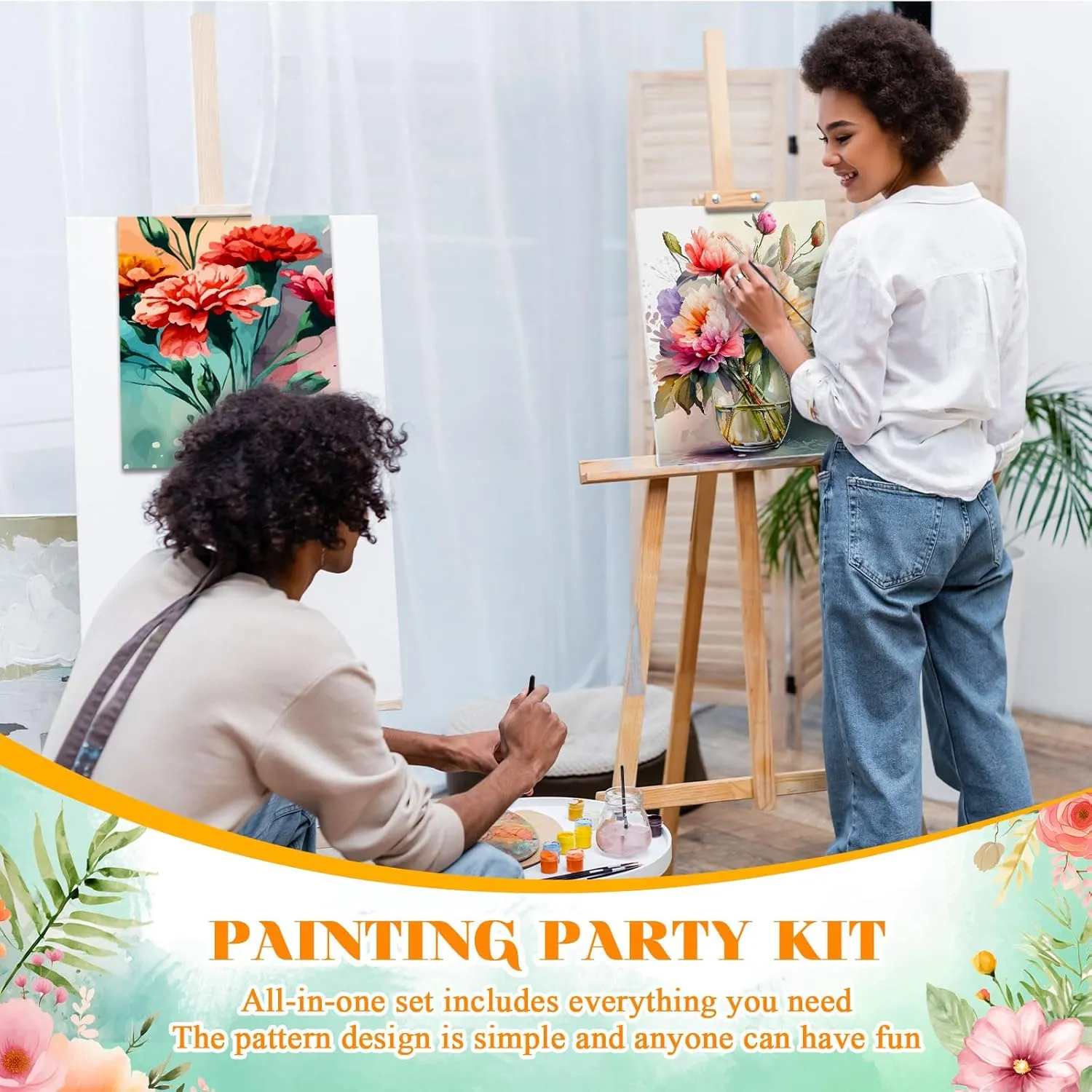 8 Sets Pre Printed Canvas for Painting Kits 8" x 10" Paint and Sip Party Sets Coloring Painting Panels Pre Sketched Canvas Boards with Paints and Brushes for Adult (Flower)