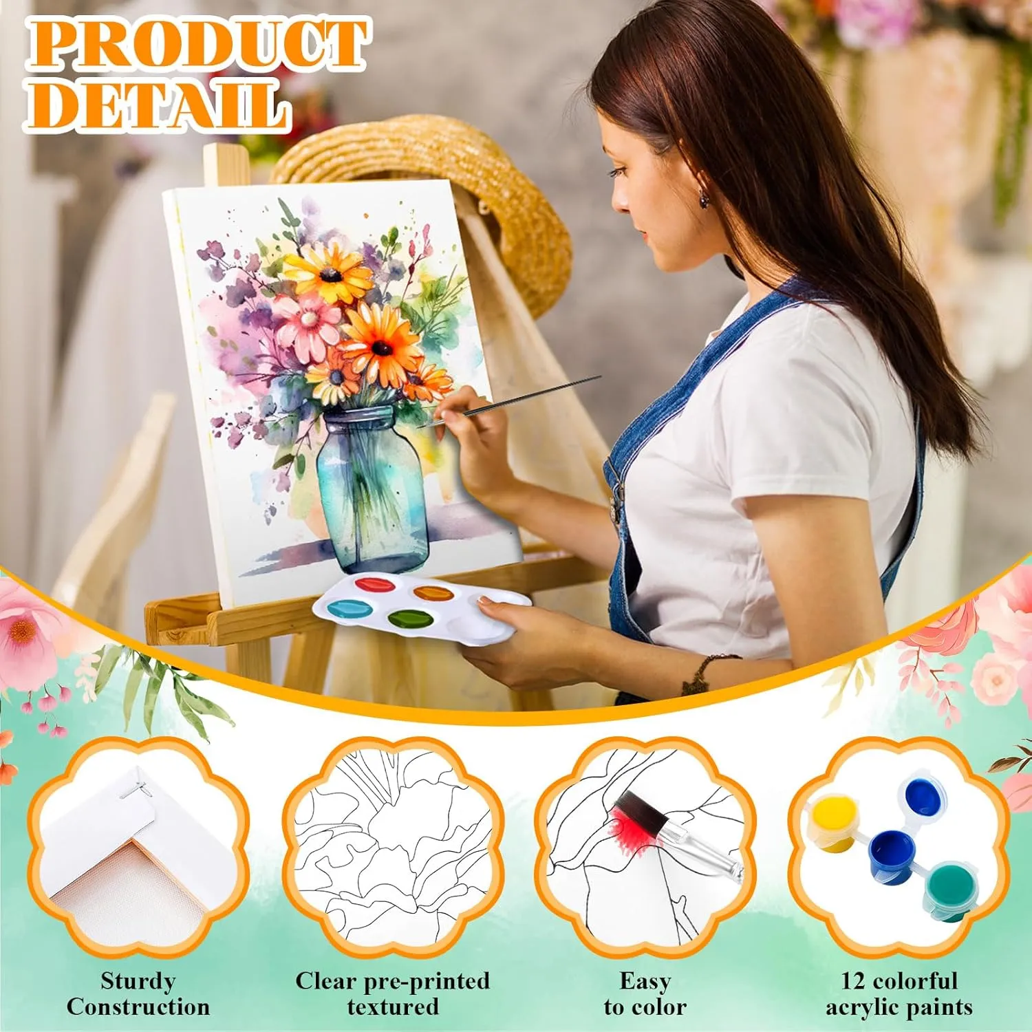 8 Sets Pre Printed Canvas for Painting Kits 8" x 10" Paint and Sip Party Sets Coloring Painting Panels Pre Sketched Canvas Boards with Paints and Brushes for Adult (Flower)