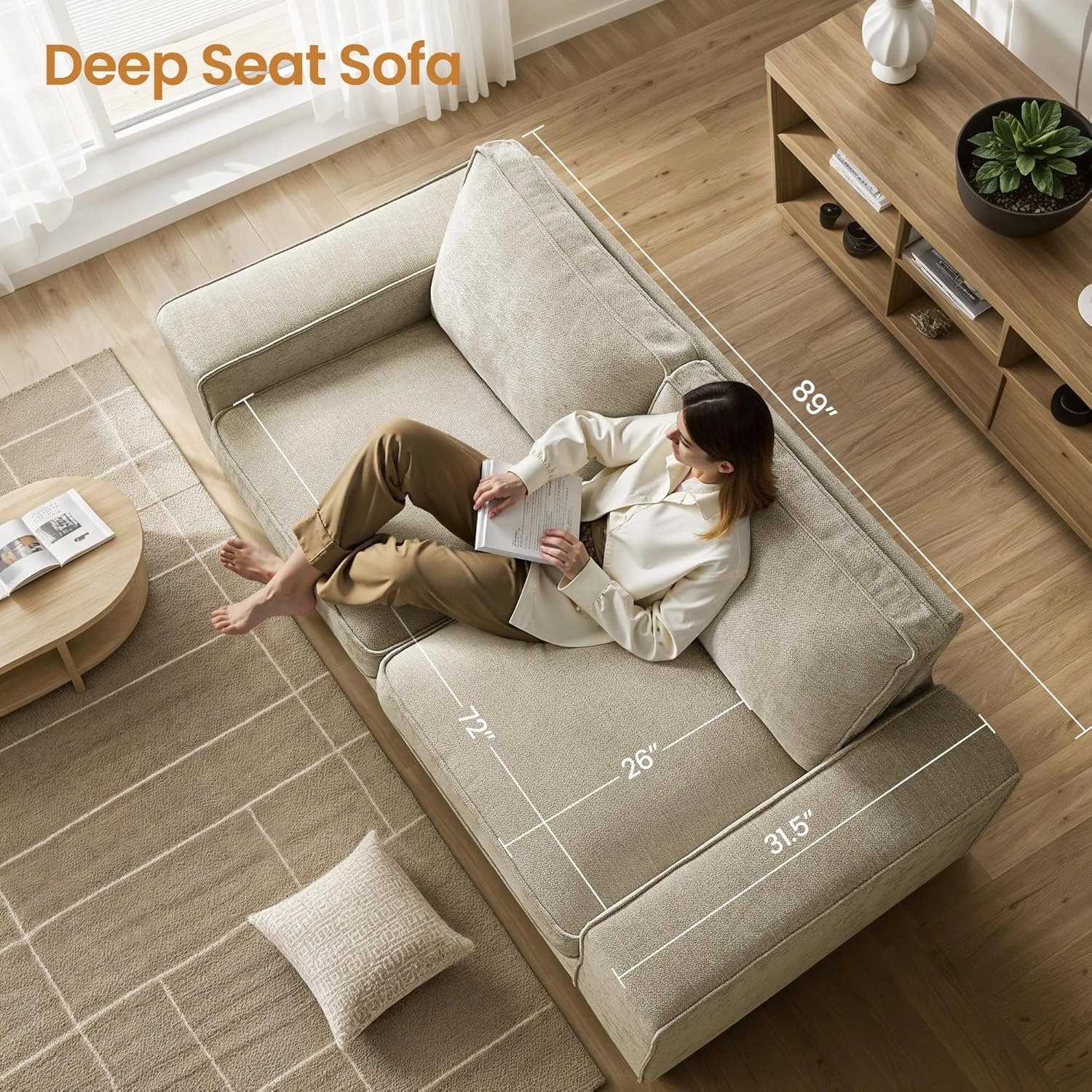 89" Chenille Deep Seat Sofa for Living Room,Modern Comfy Couch,Wide Armrest,Washable Removeable Cover,Small Loveseat for Apartment,Office (Ivory)