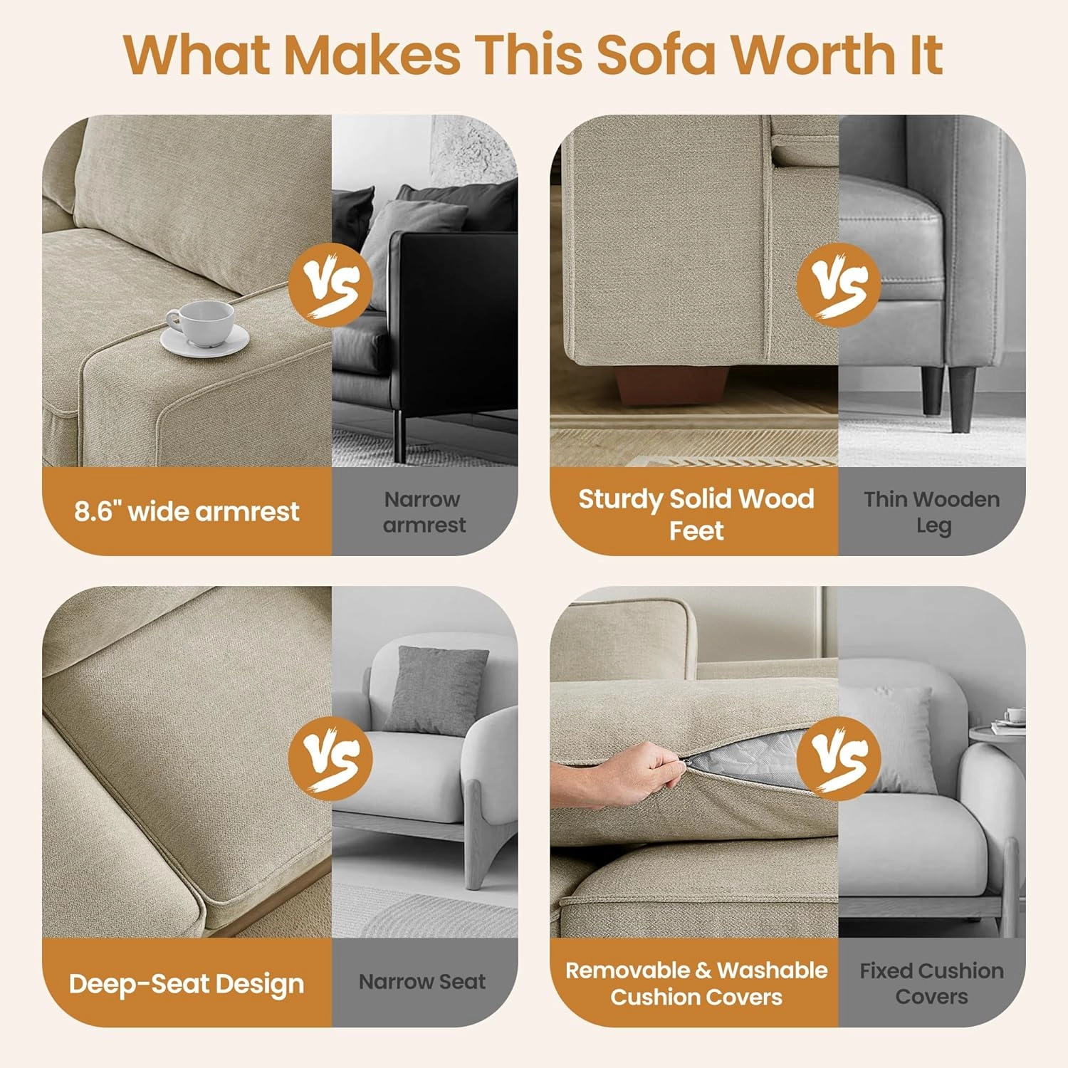 89" Chenille Deep Seat Sofa for Living Room,Modern Comfy Couch,Wide Armrest,Washable Removeable Cover,Small Loveseat for Apartment,Office (Ivory)