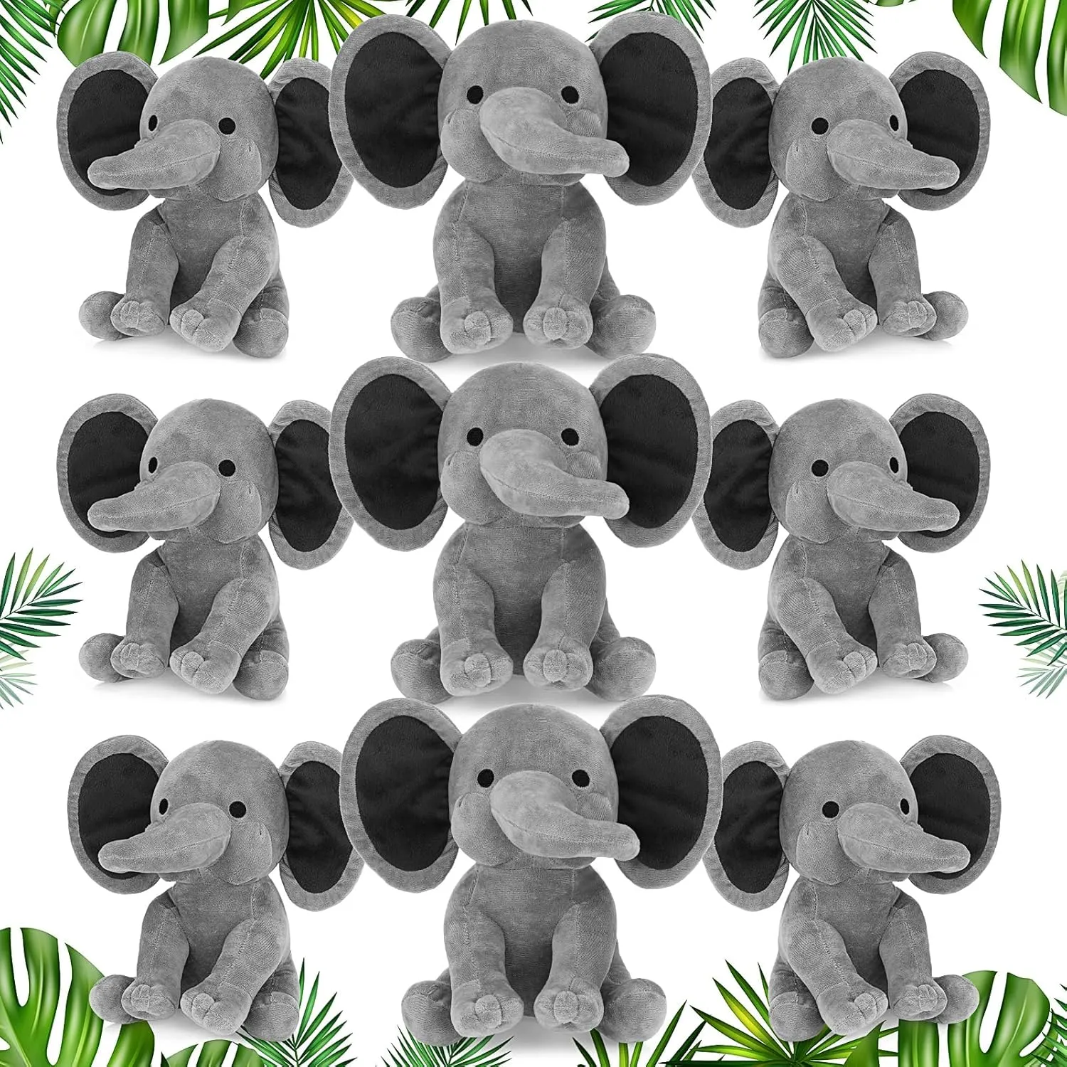 9-Piece Soft Cute Elephant Plush Toys for Baby Shower & Party Supplies (Gray)