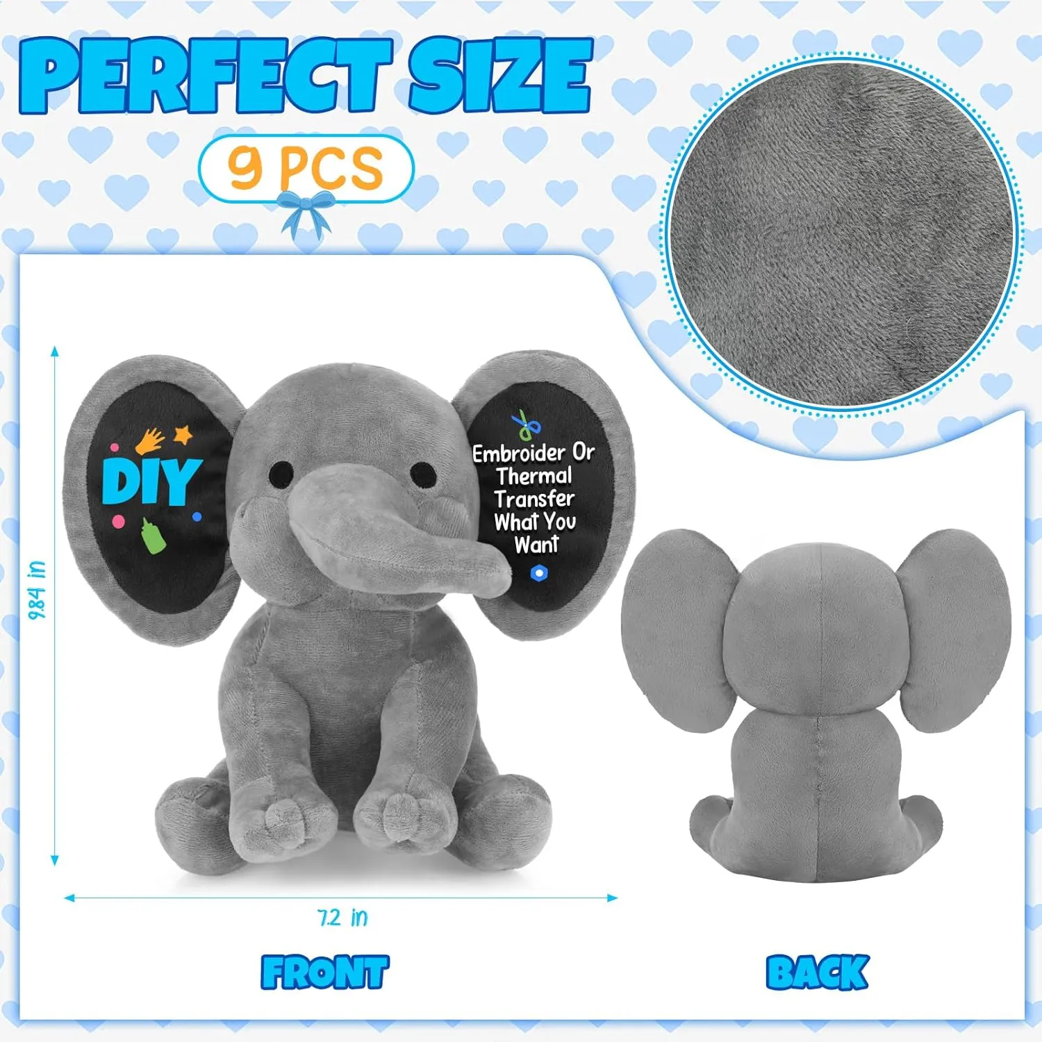 9-Piece Soft Cute Elephant Plush Toys for Baby Shower & Party Supplies (Gray)