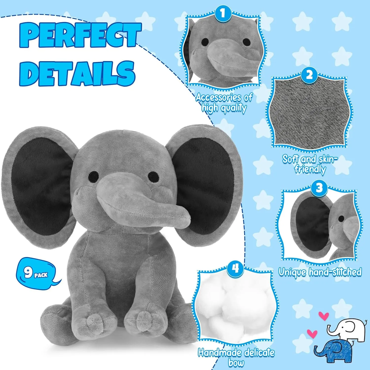 9-Piece Soft Cute Elephant Plush Toys for Baby Shower & Party Supplies (Gray)
