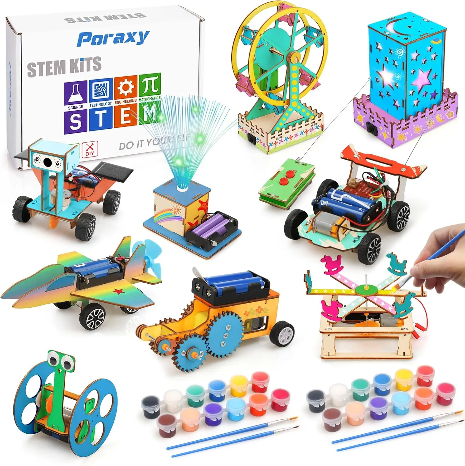 9 Set STEM Toys for Ages 8-13, Gifts for 8-13 Year Old Boys and Girls, Arts and Crafts, Model Car Kits, Wooden 3D Puzzles, Science Building Projects