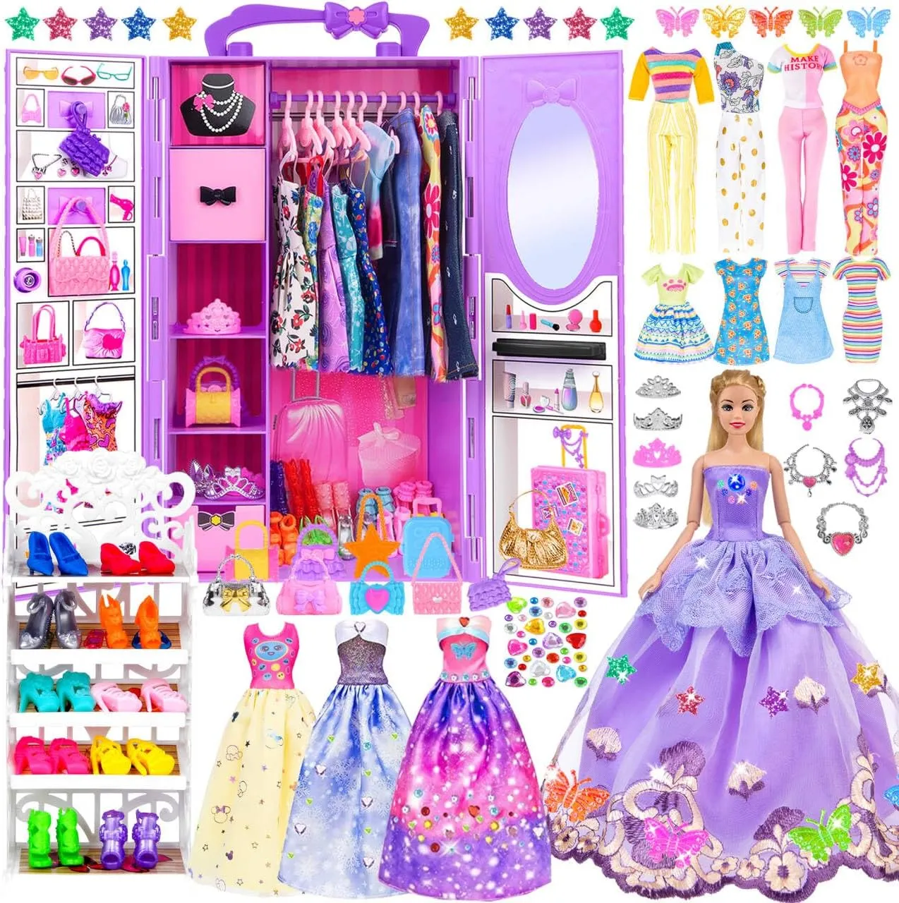 91pcs 11.5 inch Girl Doll with Clothes Accessories and Closet, Princess Gowns, Fashion Dresses, Outfits ,Swimsuits, Shoes, Hangers, Doll Dress up toys for Girls Kids Toddlers Toy (Include Doll)