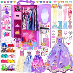 91pcs 11.5 inch Girl Doll with Clothes Accessories and Closet, Princess Gowns, Fashion Dresses, Outfits ,Swimsuits, Shoes, Hangers, Doll Dress up toys for Girls Kids Toddlers Toy (Include Doll)