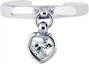 .925 Sterling Silver Dangle Heart Cz Toe Ring Body Art Adjustable
