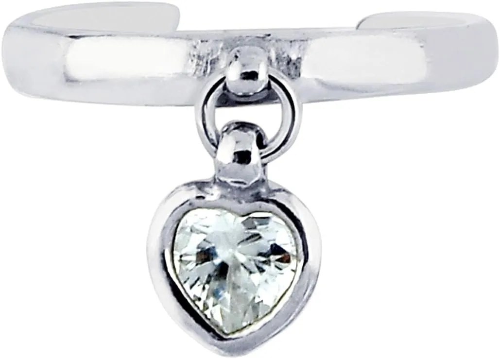 .925 Sterling Silver Dangle Heart Cz Toe Ring Body Art Adjustable