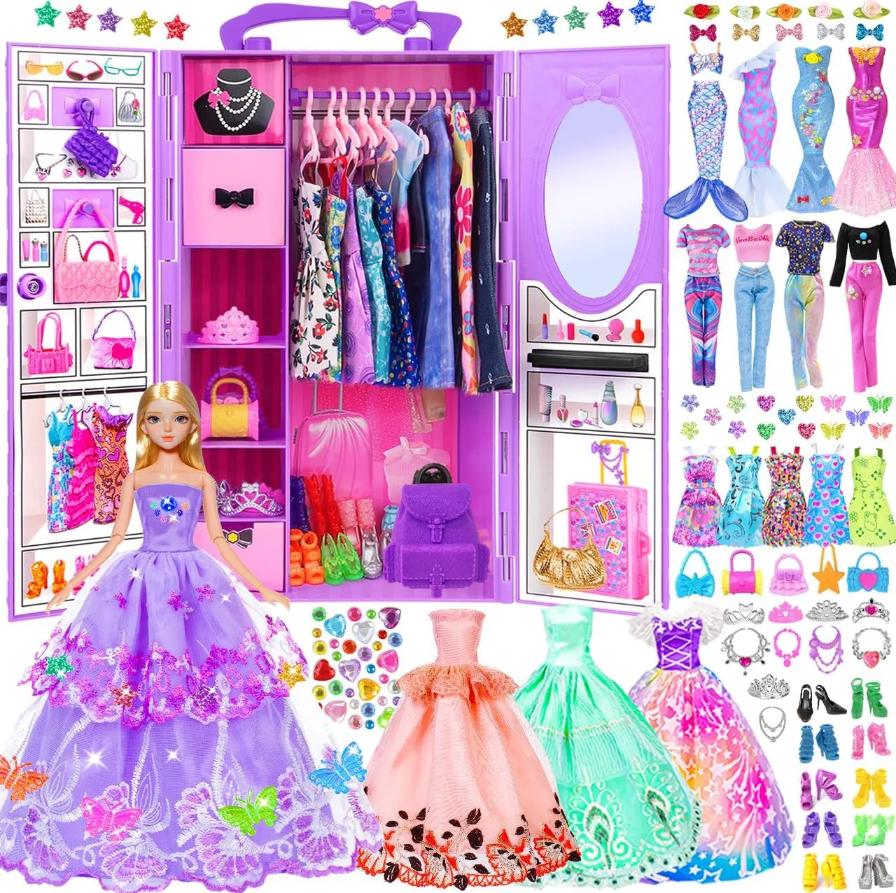 92pcs 11.5 inch Girl Doll with Clothes Accessories and Closet Set Including Long Princess Dress Outfits Shoes Handbags Necklaces DIY Bead Stickers for Design Kit Girl Doll Dress Up (Include Doll)