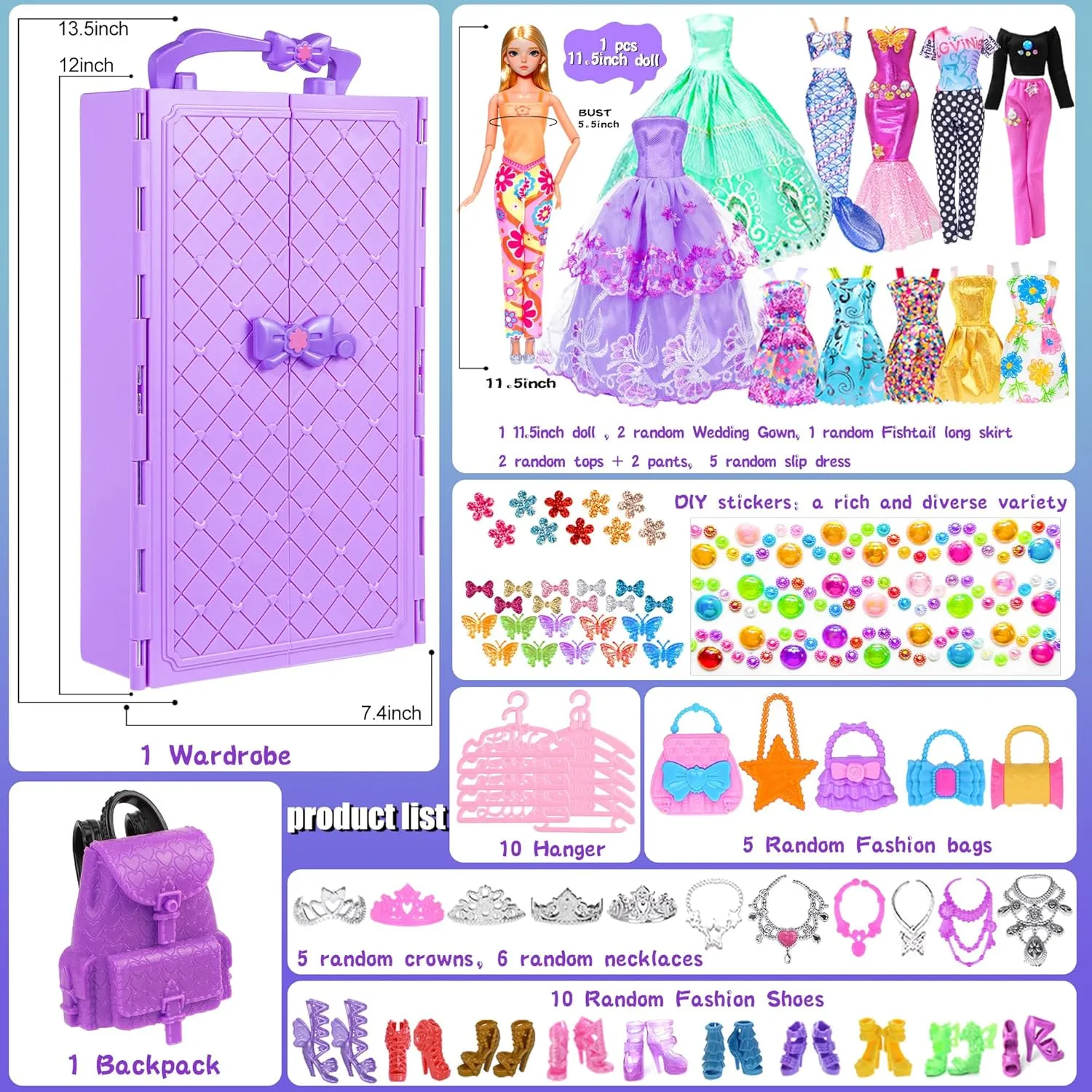 92pcs 11.5 inch Girl Doll with Clothes Accessories and Closet Set Including Long Princess Dress Outfits Shoes Handbags Necklaces DIY Bead Stickers for Design Kit Girl Doll Dress Up (Include Doll)