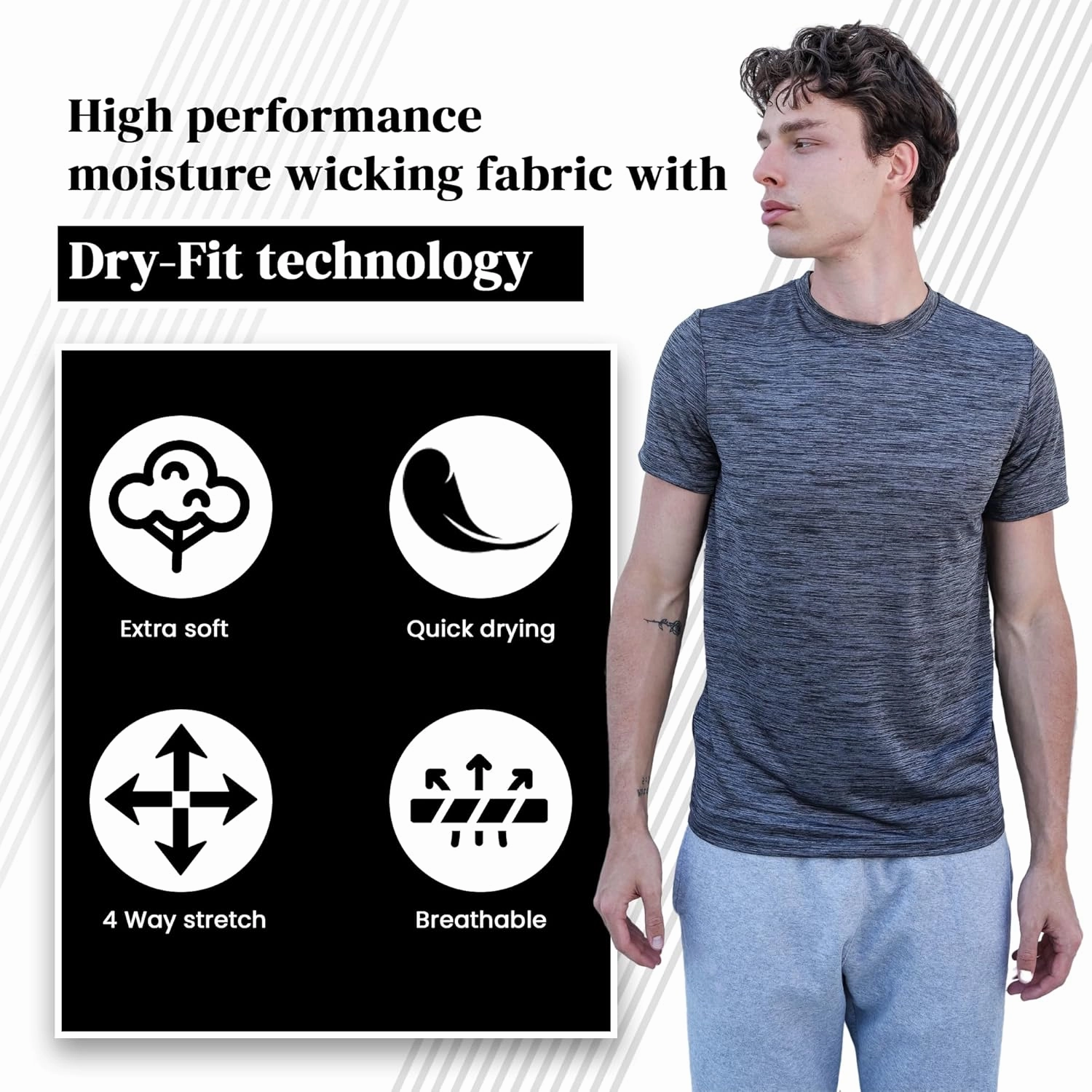 [5 Pack] Men’s Workout Short Sleeve Dry Fit T Shirts Quick Dry Active Athletic Crewneck Running Gym Moisture Wicking Tee Tops