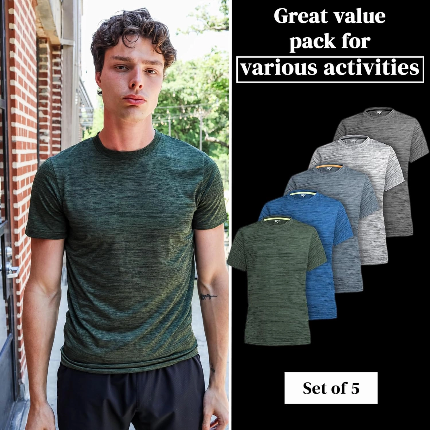 [5 Pack] Men’s Workout Short Sleeve Dry Fit T Shirts Quick Dry Active Athletic Crewneck Running Gym Moisture Wicking Tee Tops