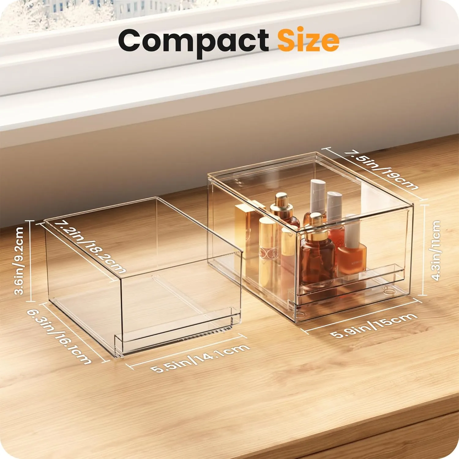 A-LuGei 【𝟰𝗣𝗖𝗦】 Acrylic Stackable Drawers, 7.5" L Makeup Organizer, Bathroom Organizer and Storage, Plastic Storage Bins for Kitchen Cabinet Pantry Medicine Fridge
