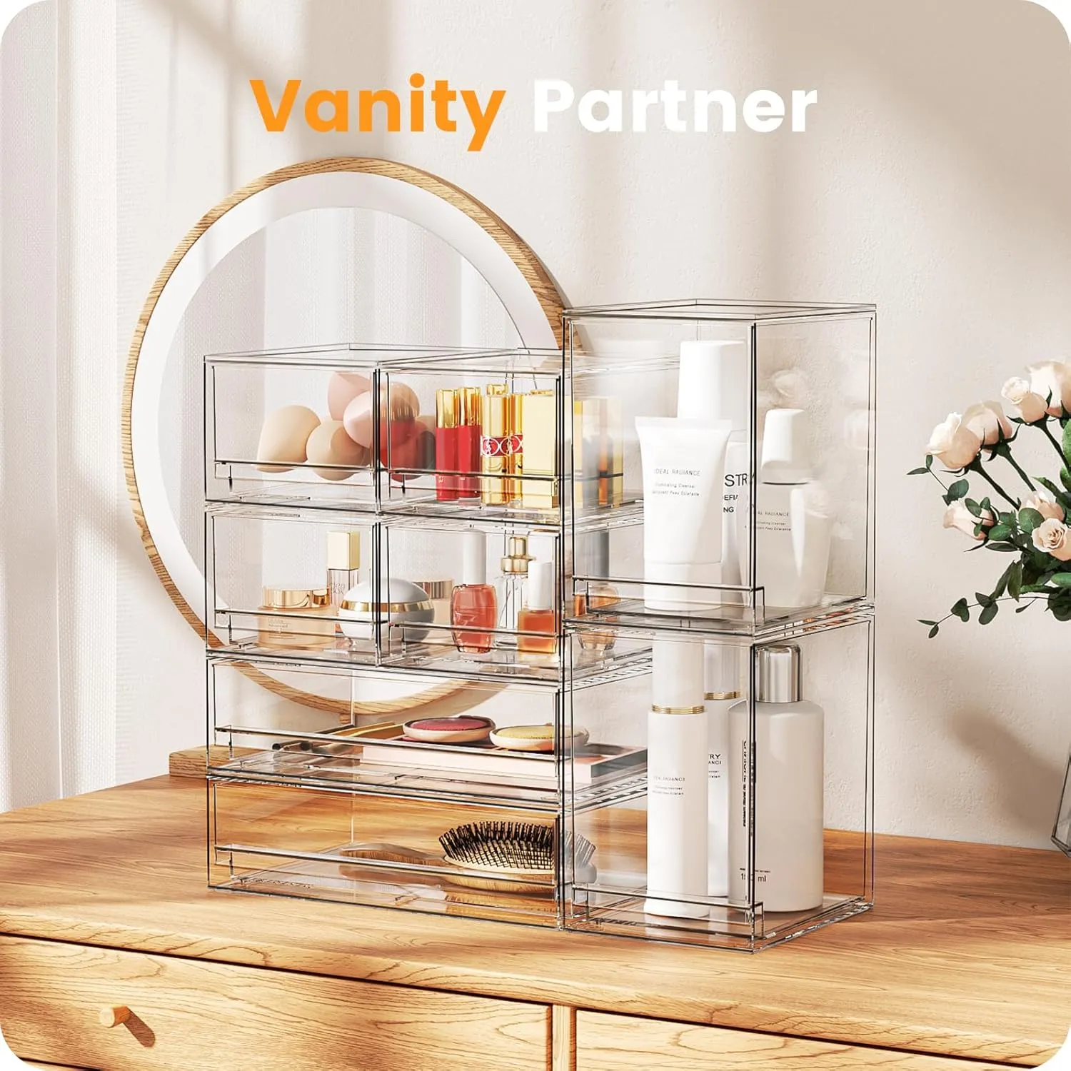 A-LuGei 【𝟰𝗣𝗖𝗦】 Acrylic Stackable Drawers, 7.5" L Makeup Organizer, Bathroom Organizer and Storage, Plastic Storage Bins for Kitchen Cabinet Pantry Medicine Fridge