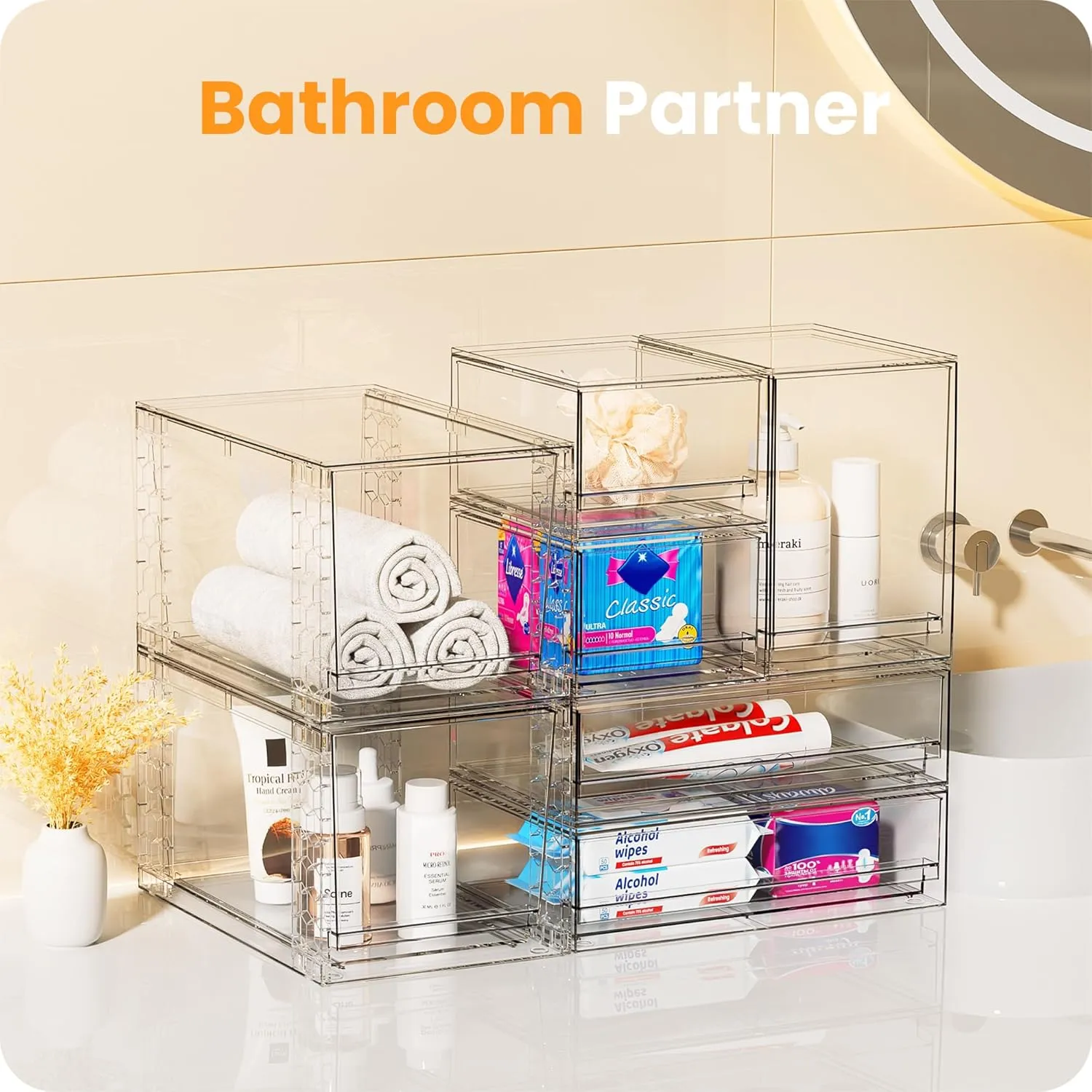 A-LuGei 【𝟰𝗣𝗖𝗦】 Acrylic Stackable Drawers, 7.5" L Makeup Organizer, Bathroom Organizer and Storage, Plastic Storage Bins for Kitchen Cabinet Pantry Medicine Fridge