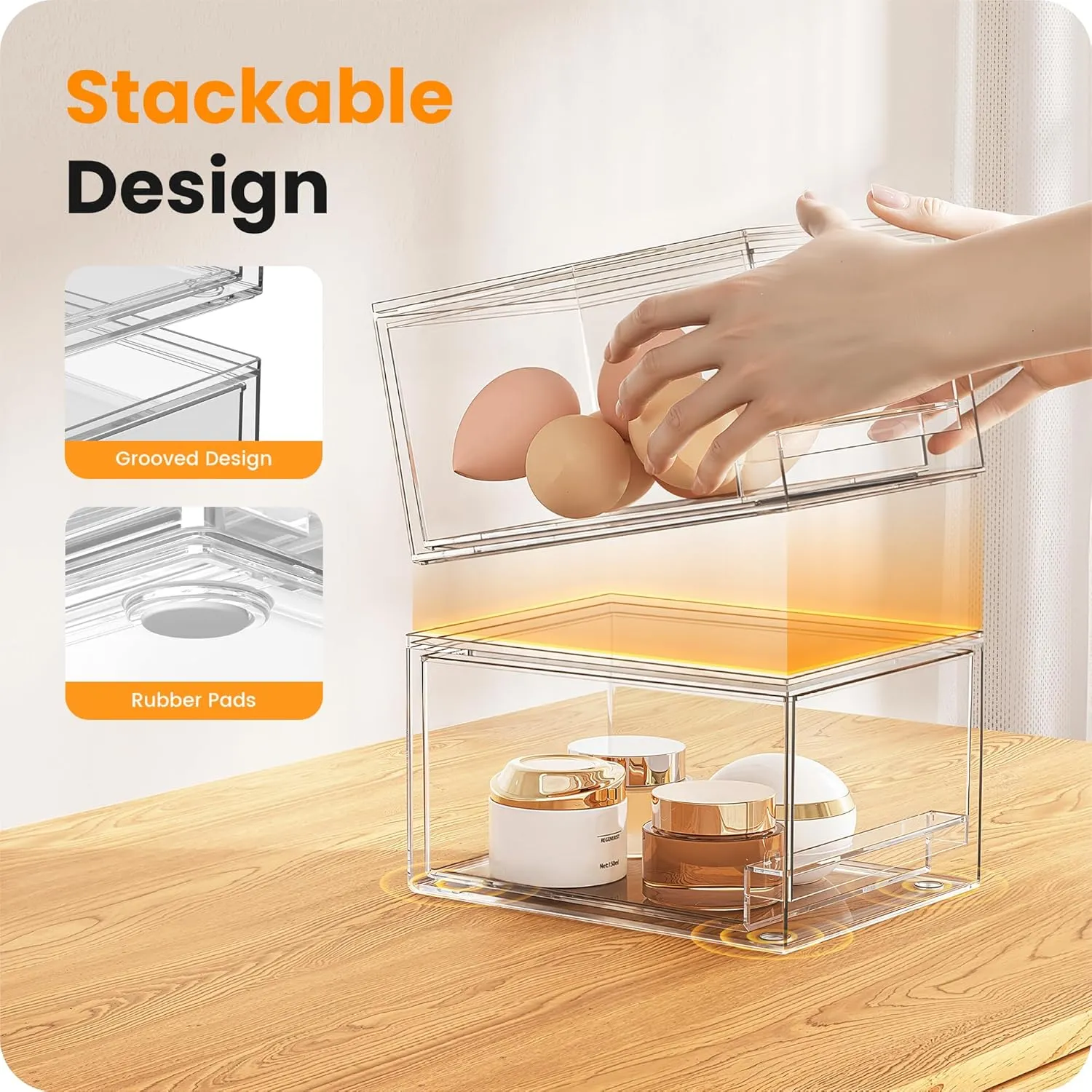 A-LuGei 【𝟰𝗣𝗖𝗦】 Acrylic Stackable Drawers, 7.5" L Makeup Organizer, Bathroom Organizer and Storage, Plastic Storage Bins for Kitchen Cabinet Pantry Medicine Fridge