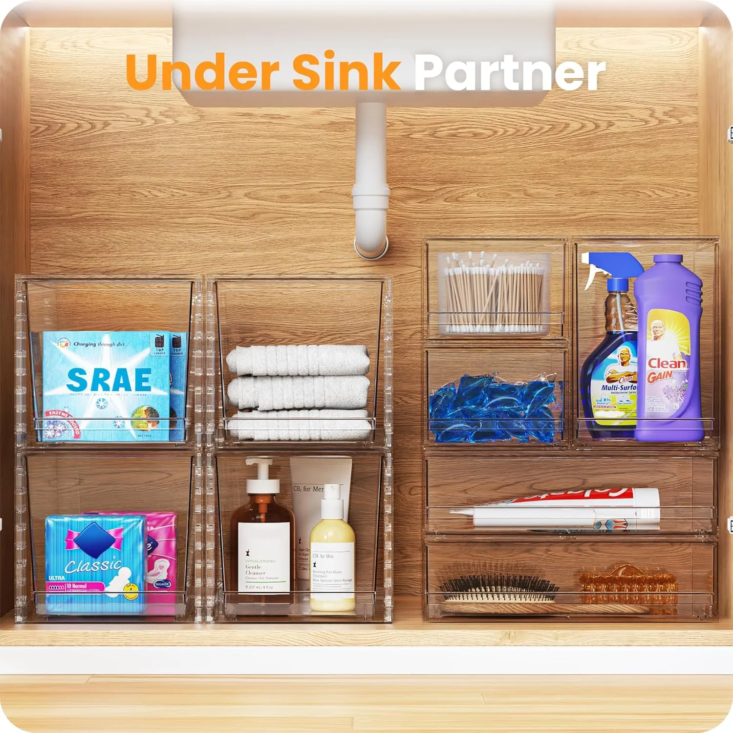 A-LuGei 【𝟰𝗣𝗖𝗦】 Acrylic Stackable Drawers, 7.5" L Makeup Organizer, Bathroom Organizer and Storage, Plastic Storage Bins for Kitchen Cabinet Pantry Medicine Fridge