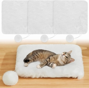 Abbylike 3 Pack 11.8" Square Cat Dog Bed Cushion Pad Mat Faux Rabbit Fur Pet Bed with Ball Anti Slip Soft Washable Cat Tree Tower Replacement Cushion Pad for Crate Cage Carrier Window Perch, White