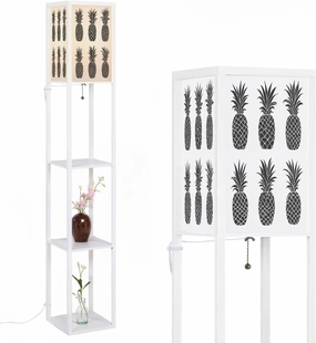 Abstract Pineapple Icons Set White Black Color Creative Flat Floor Lamps with Shelves, Modern Standing Lamp Narrow Corner Display Bookshelf Lamp for Living Room, Bedroom, Office Decor
