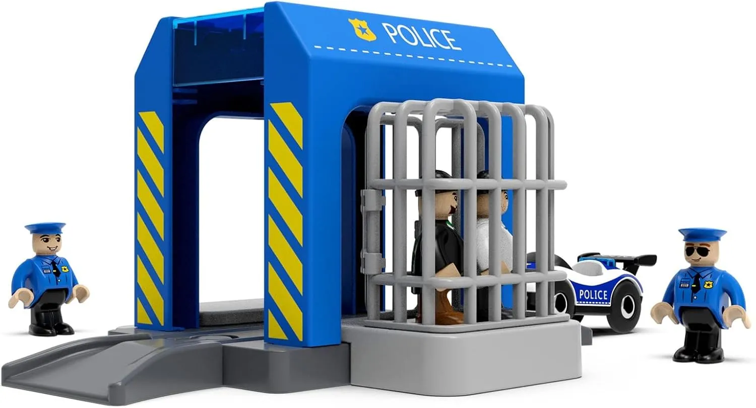 Accessories for Wooden Railway Tracks, Police Station, Compatible with All Railway Tracks, Expansion Pack for Children Aged 3 Years and Over