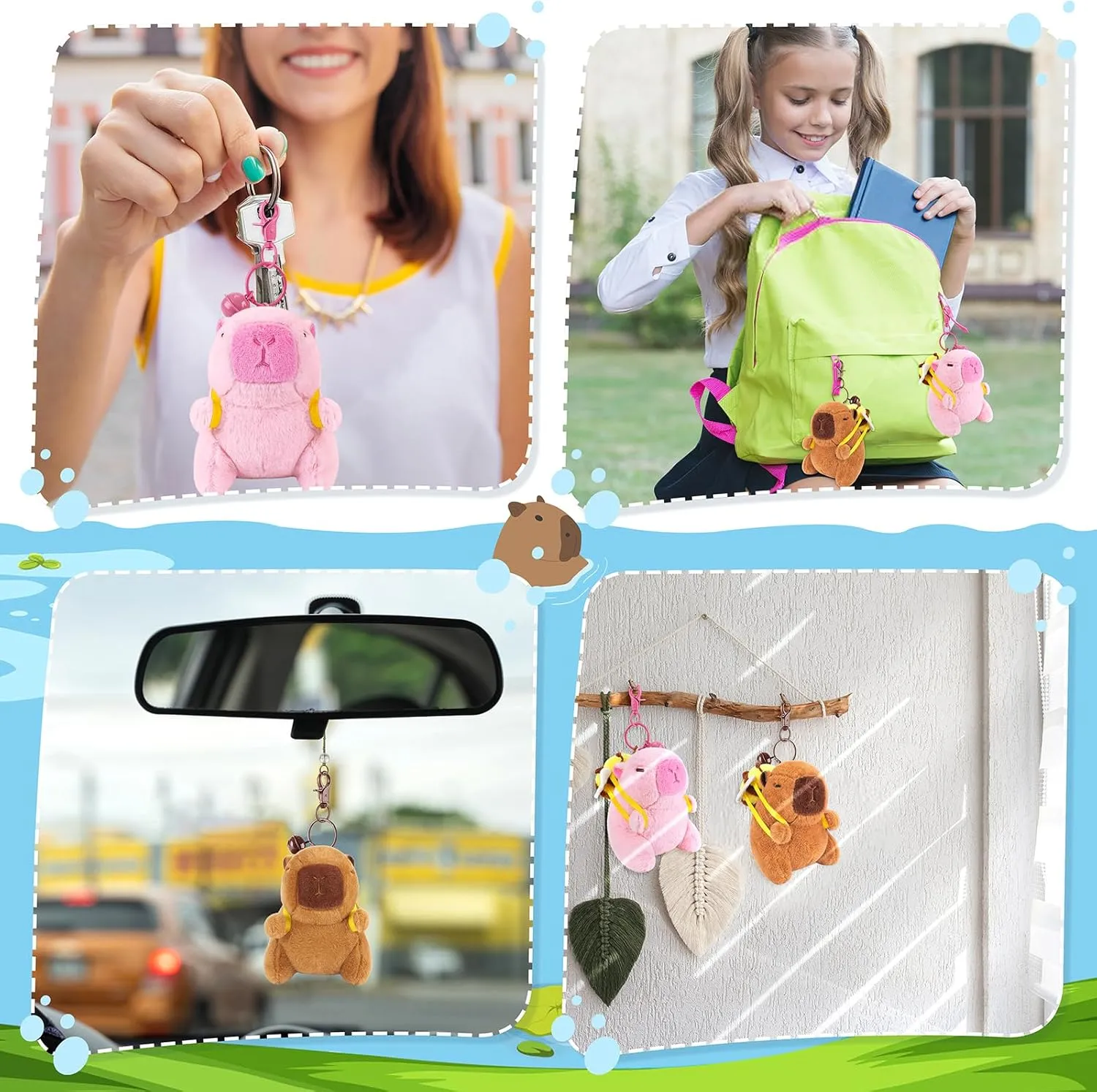 Achwishap 2PCS Capybara Plush Keychain,Cute Keychain Capybara Stuffed Animal,Soft Capybara Plush Toys Key Chain,Kawaii Plushie Stuffed Toys for Kids Adults(Bee Backpack,Brown and Pink Capybara)