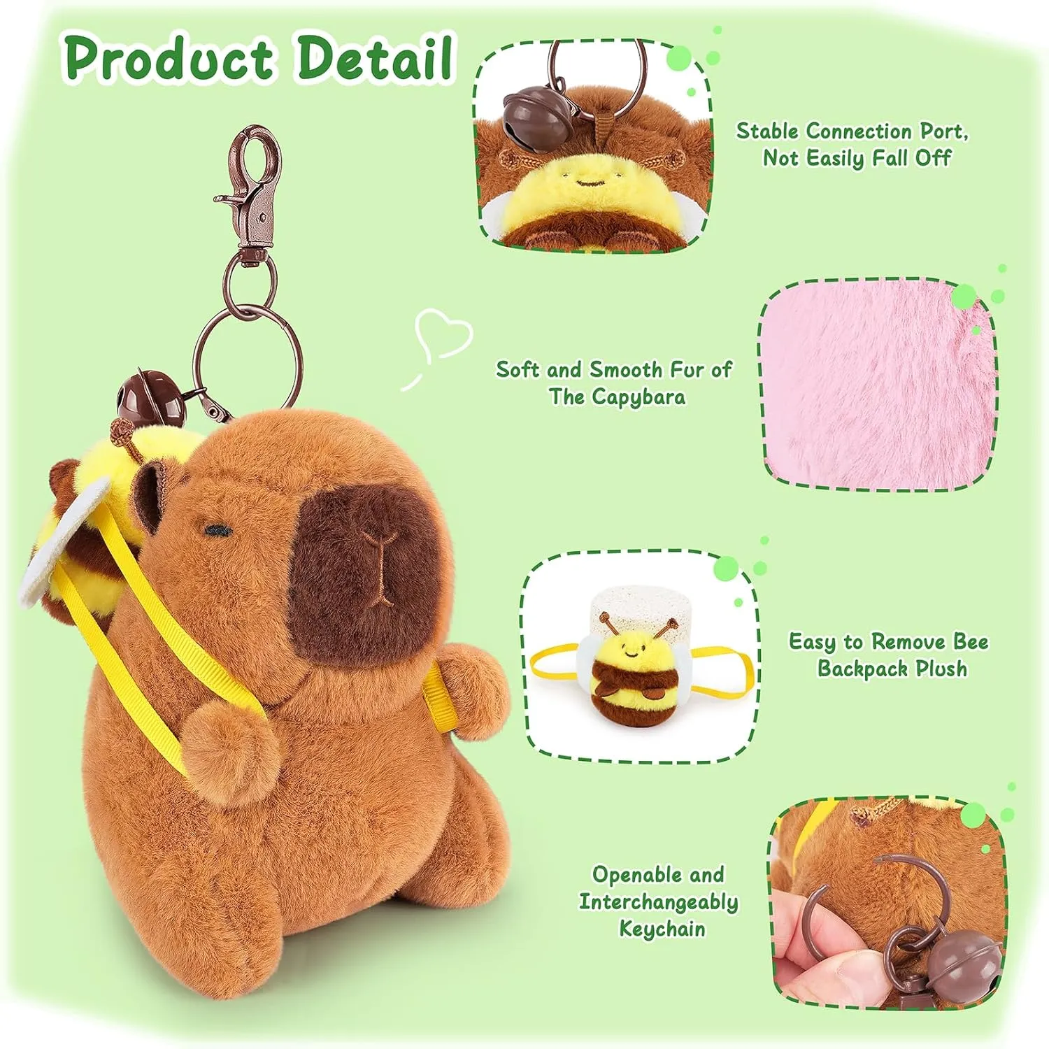 Achwishap 2PCS Capybara Plush Keychain,Cute Keychain Capybara Stuffed Animal,Soft Capybara Plush Toys Key Chain,Kawaii Plushie Stuffed Toys for Kids Adults(Bee Backpack,Brown and Pink Capybara)