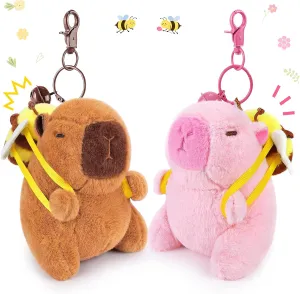 Achwishap 2PCS Capybara Plush Keychain,Cute Keychain Capybara Stuffed Animal,Soft Capybara Plush Toys Key Chain,Kawaii Plushie Stuffed Toys for Kids Adults(Bee Backpack,Brown and Pink Capybara)