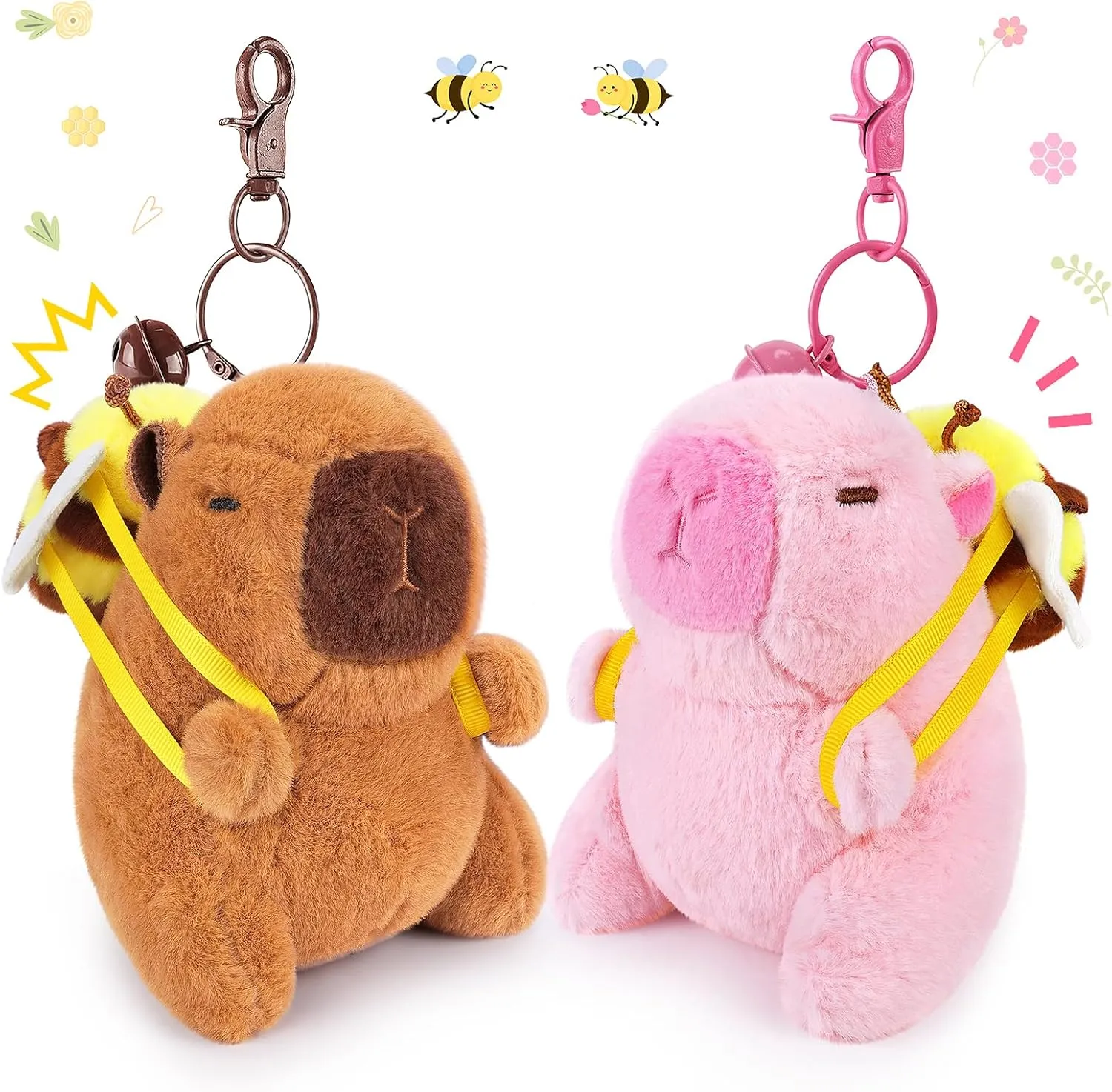 Achwishap 2PCS Capybara Plush Keychain,Cute Keychain Capybara Stuffed Animal,Soft Capybara Plush Toys Key Chain,Kawaii Plushie Stuffed Toys for Kids Adults(Bee Backpack,Brown and Pink Capybara)