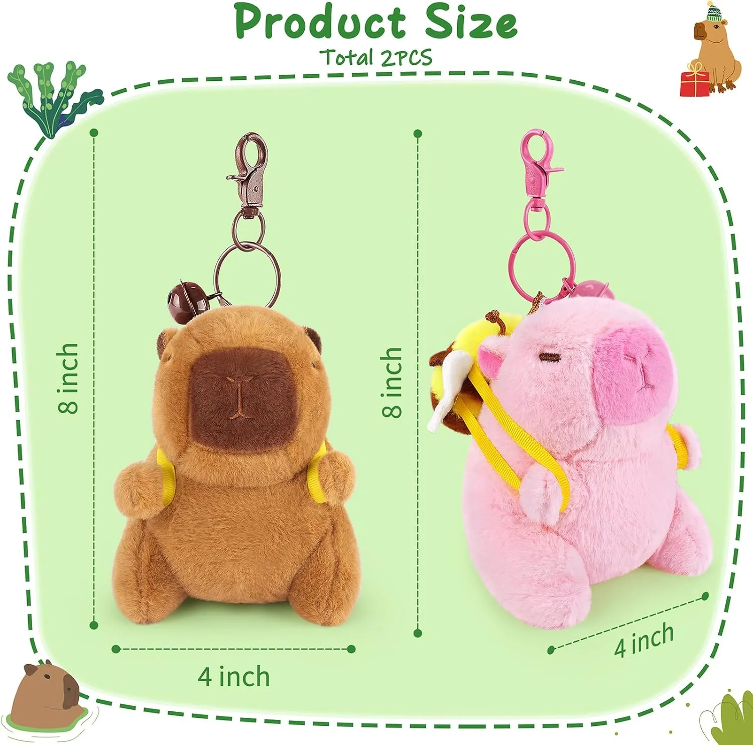 Achwishap 2PCS Capybara Plush Keychain,Cute Keychain Capybara Stuffed Animal,Soft Capybara Plush Toys Key Chain,Kawaii Plushie Stuffed Toys for Kids Adults(Bee Backpack,Brown and Pink Capybara)
